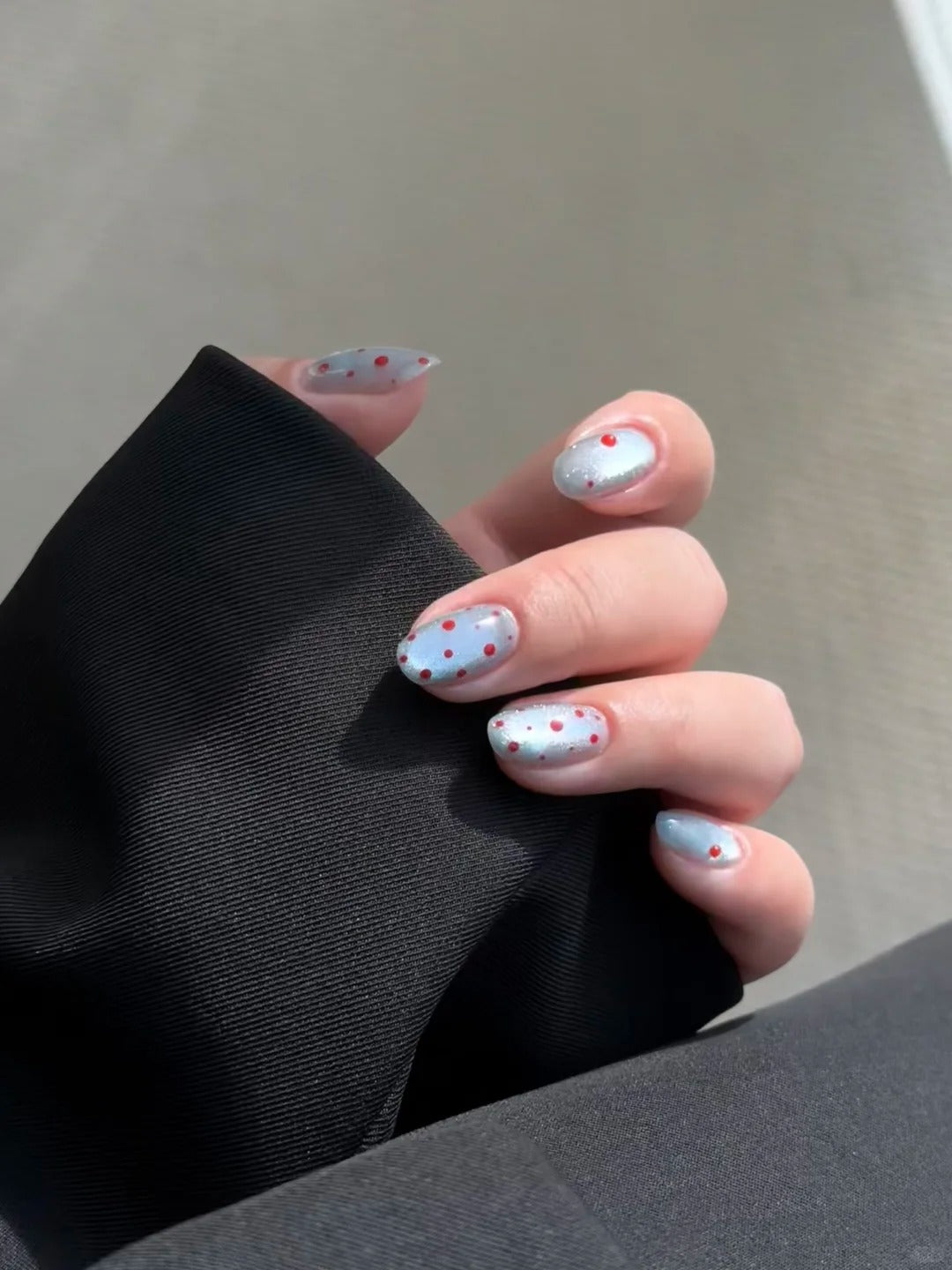 Siva Nail, Silver Shimmer, Red Dotted Handmade Press on Nails