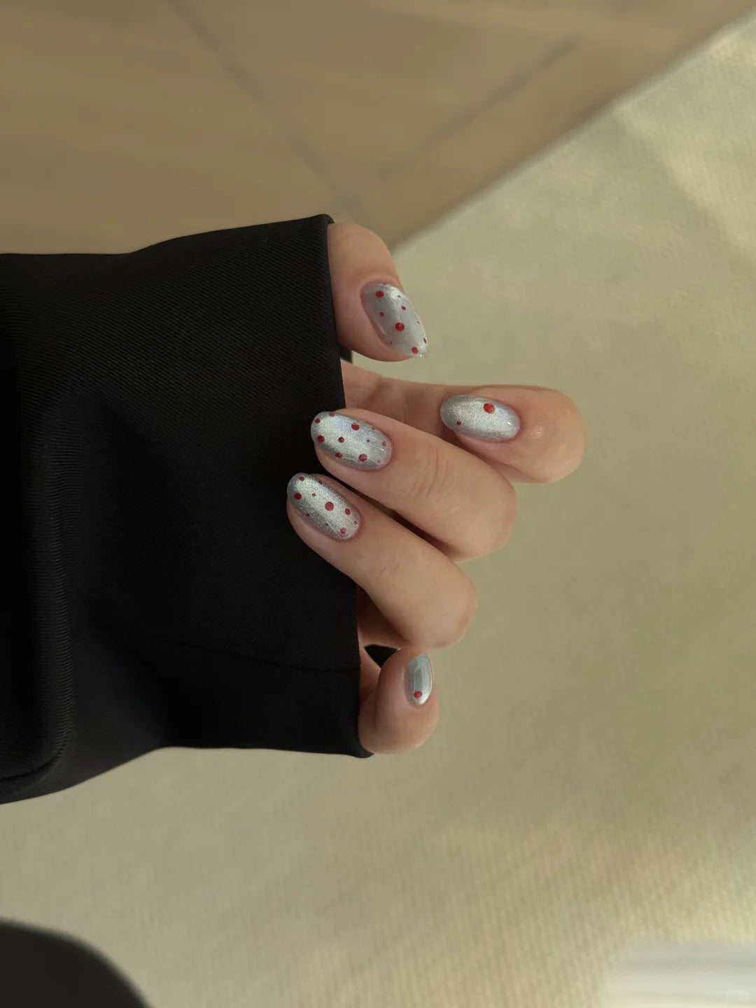 Siva Nail, Silver Shimmer, Red Dotted Handmade Press on Nails