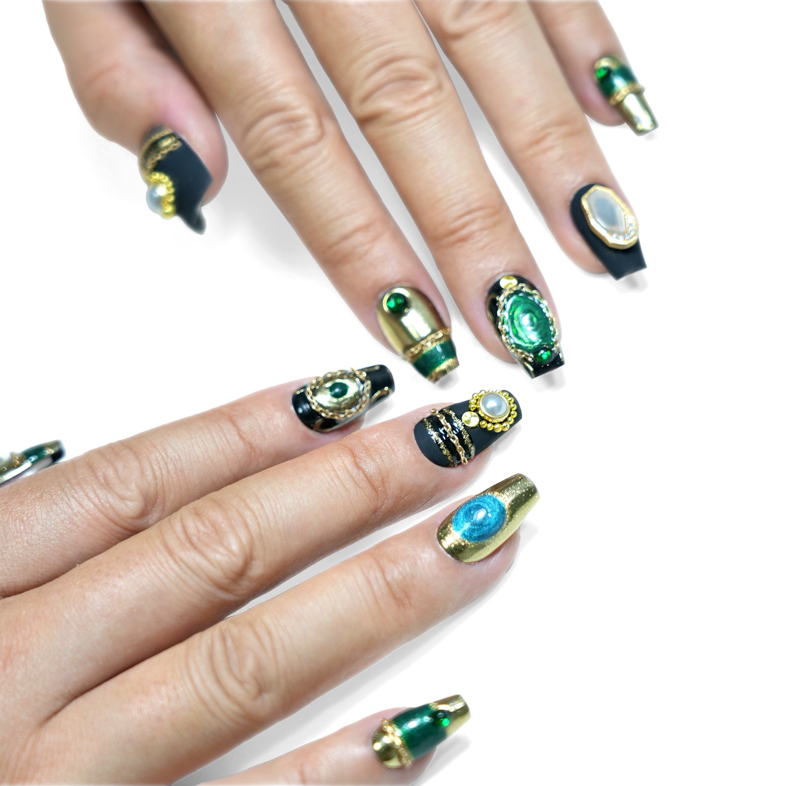 Siva Nail, Opulent Orbit, Abstract Mystical Black Dazzling, Handmade Press on Nails