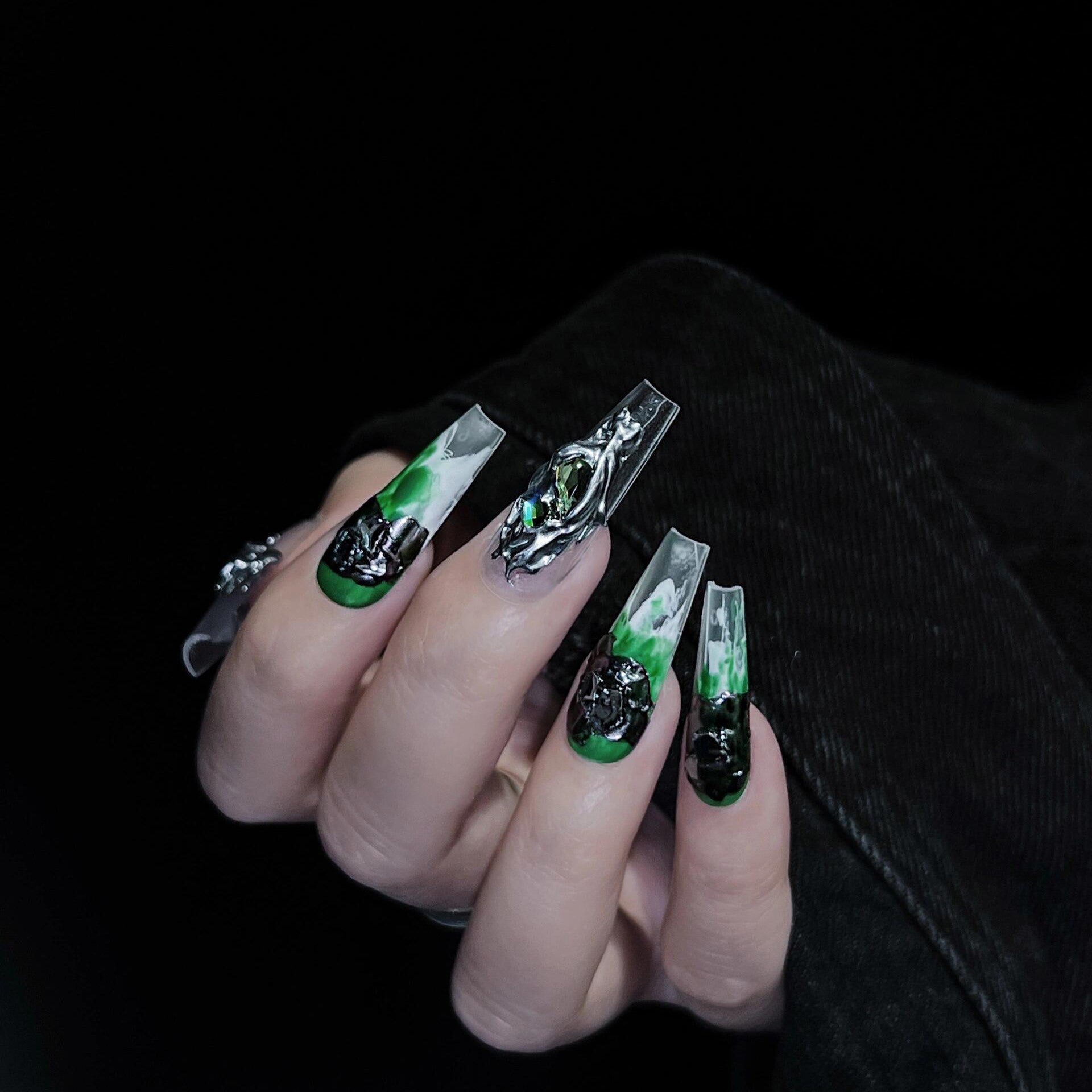 Siva Nail, Emerald Phantom, Gothic Mystique, Handmade Press on Nails