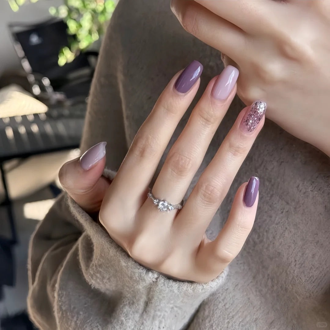 Siva Nail, Plum Dust, Mauve Glitter Mix Handmade Press on Nails