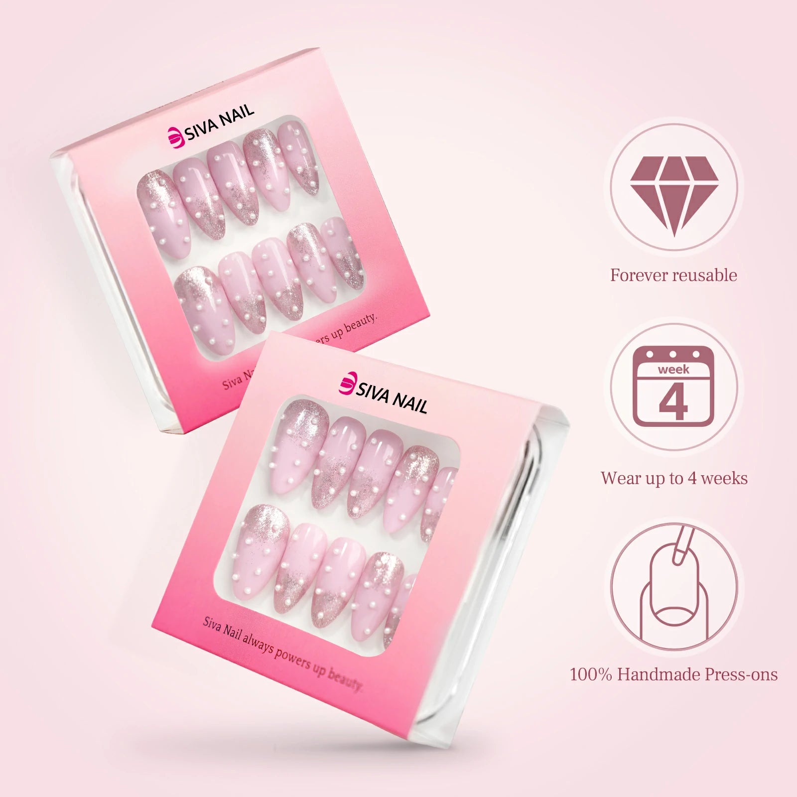 Siva Nail, Lune, Pink Ombré Press on Nails with Pearls