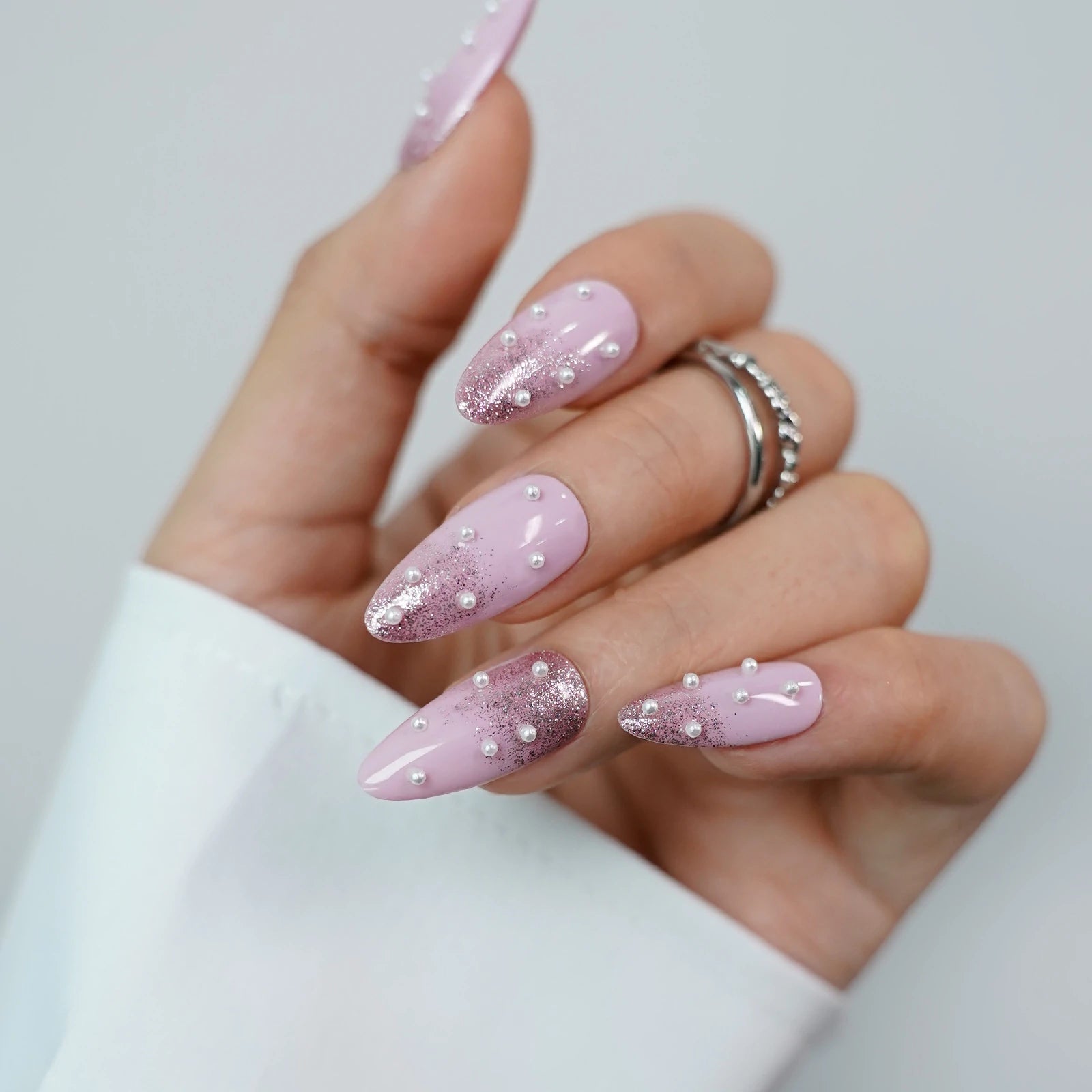 Siva Nail, Lune, Pink Ombré Press on Nails with Pearls