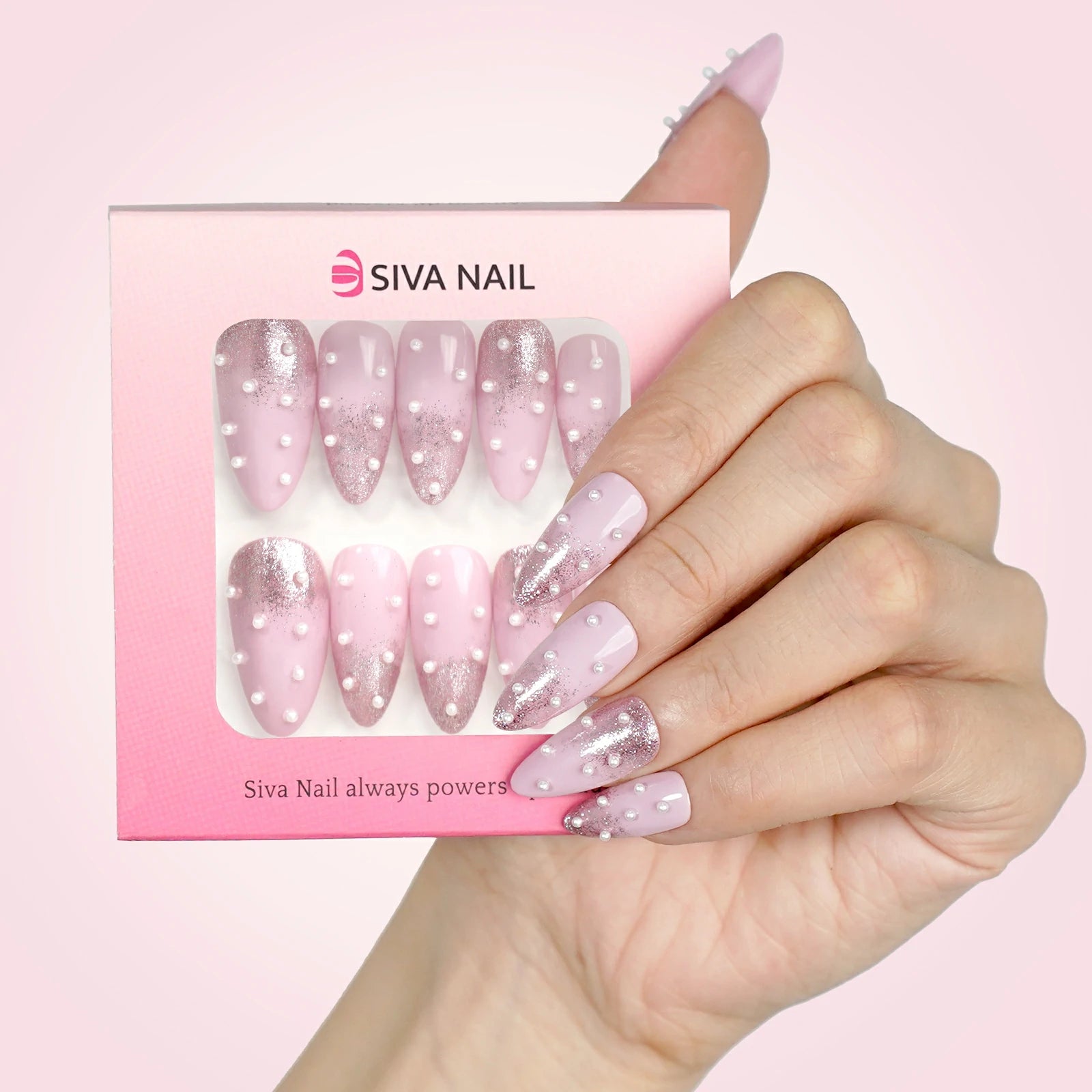 Siva Nail, Lune, Pink Ombré Press on Nails with Pearls