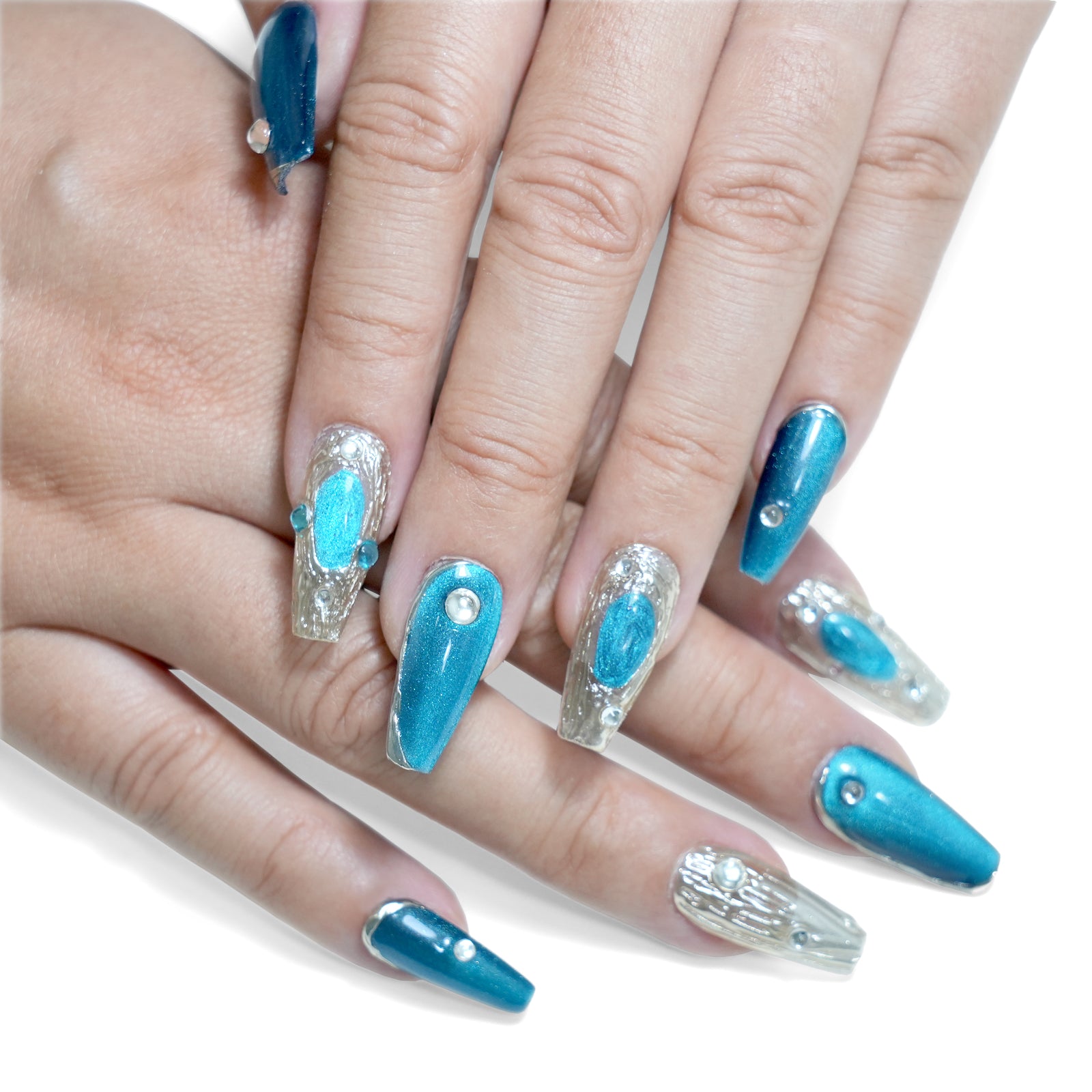 Siva Nail, Seafoam Treasure, Blue Metallic Beach Glitter Handmade Press on Nails