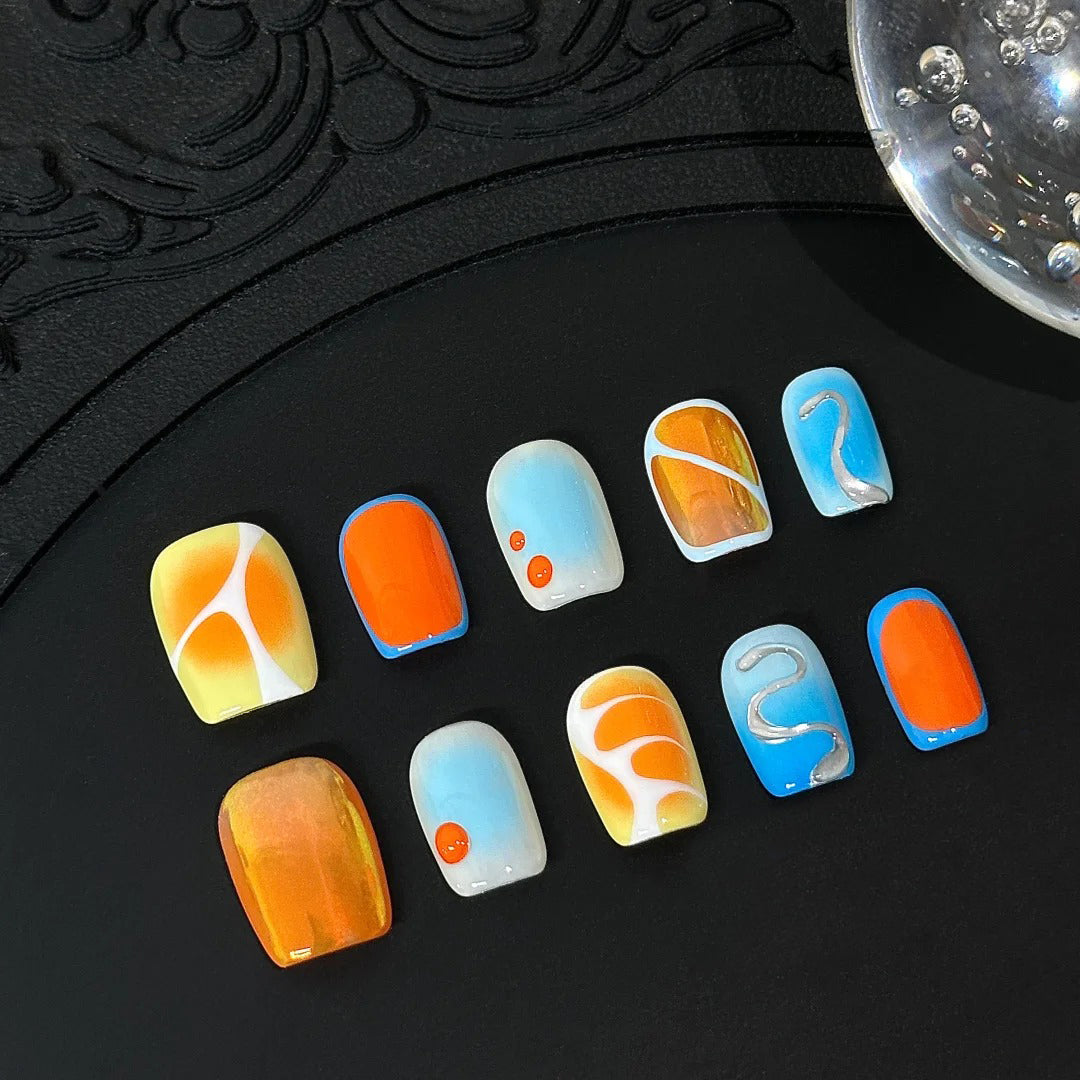 Siva Nail, Solar Swirl, Sunset Chrome Handmade Press on Nails