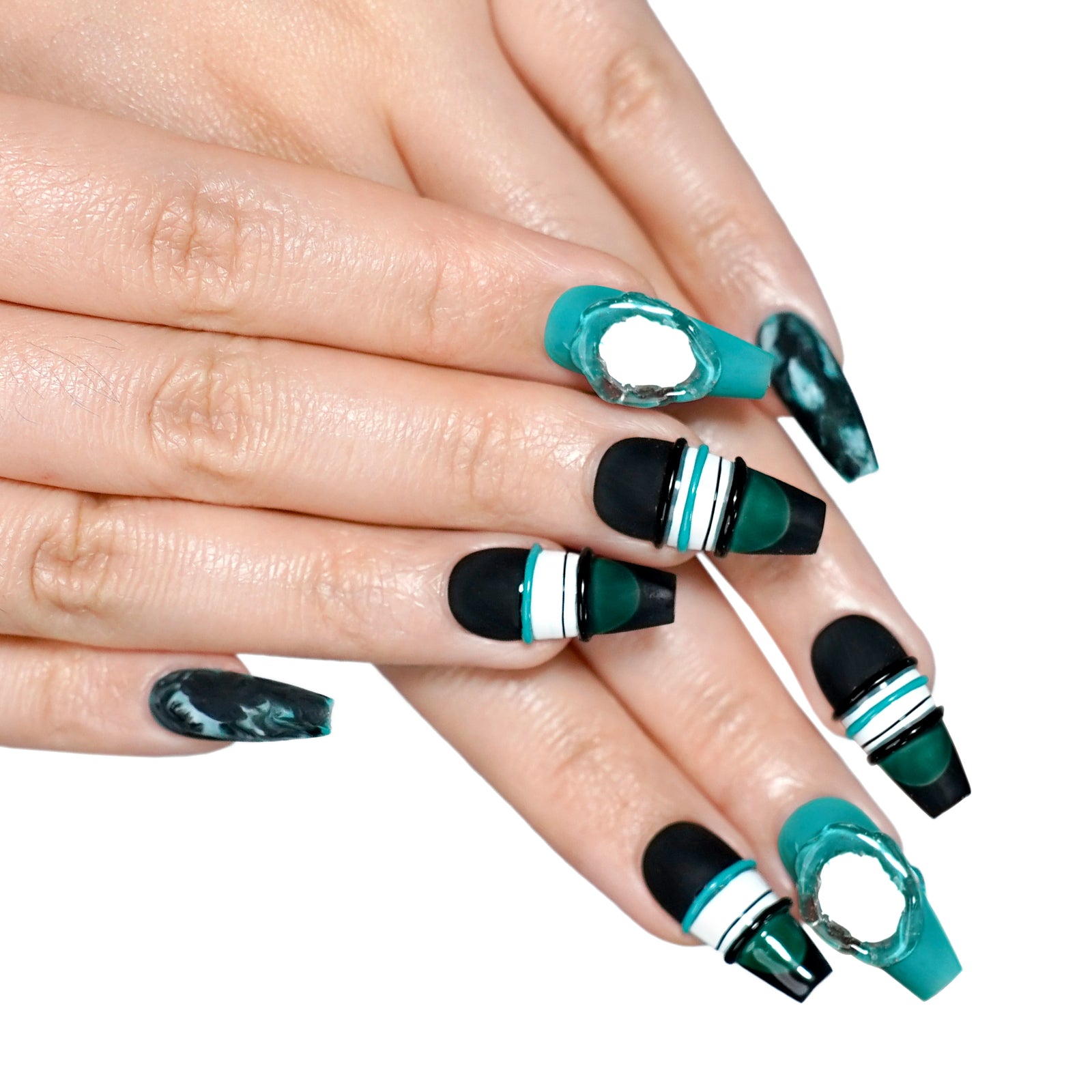Siva Nail, Tidal Whispers, Luxurious Marbled Emerald Green Handmade Press on Nails