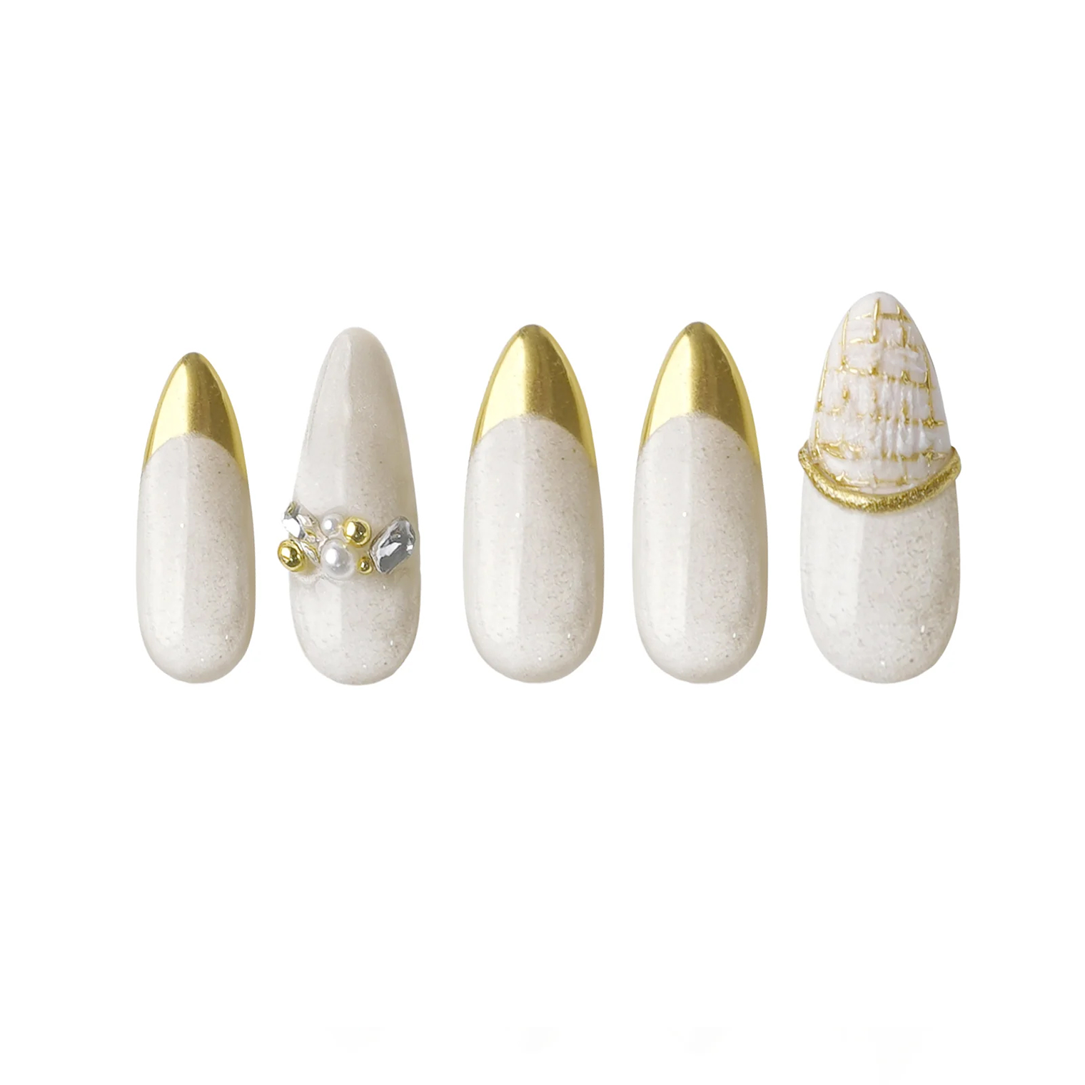 Siva Nail, Creamy Chateau, Elegant French Pearl Accent, Handmade Press on Nails