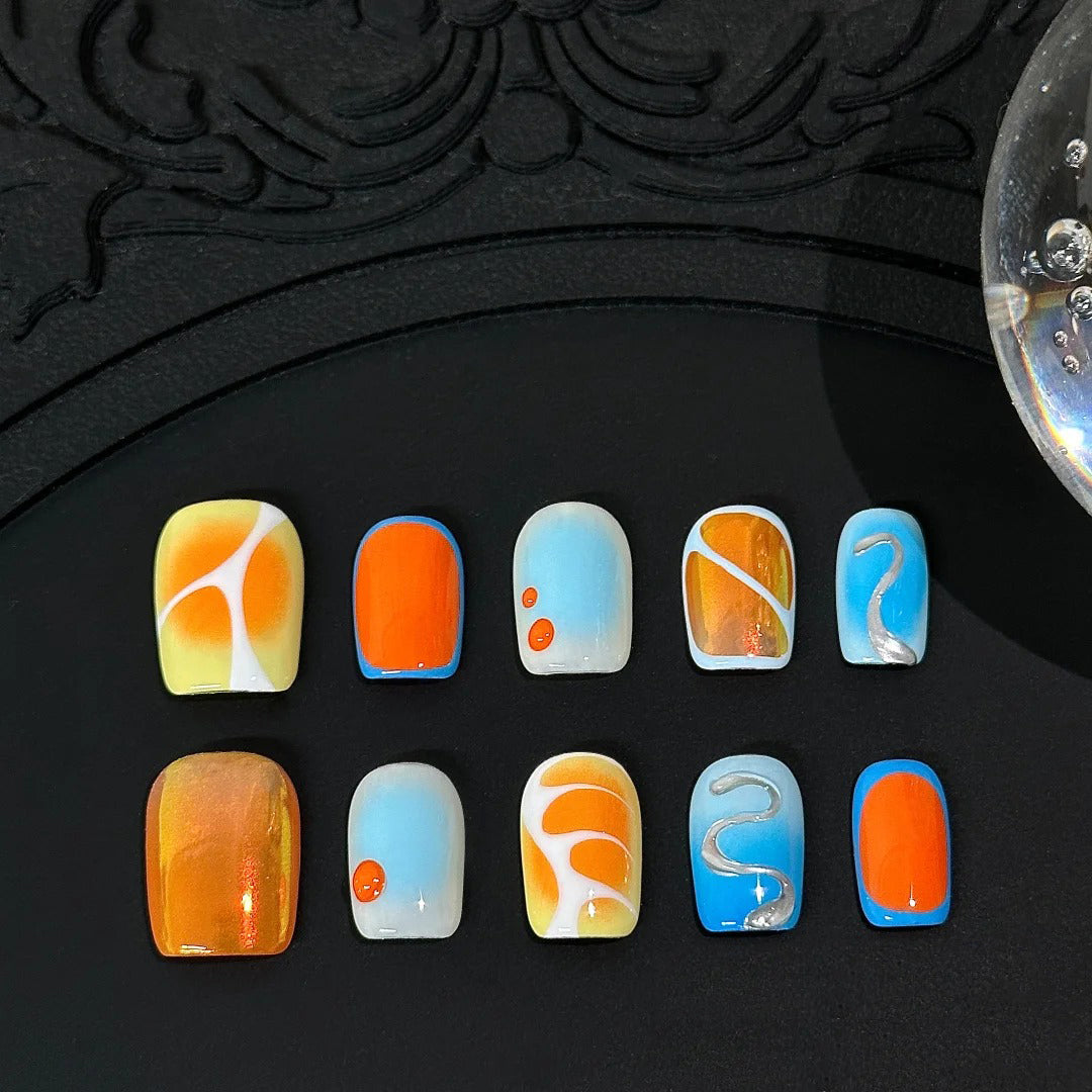 Siva Nail, Solar Swirl, Sunset Chrome Handmade Press on Nails