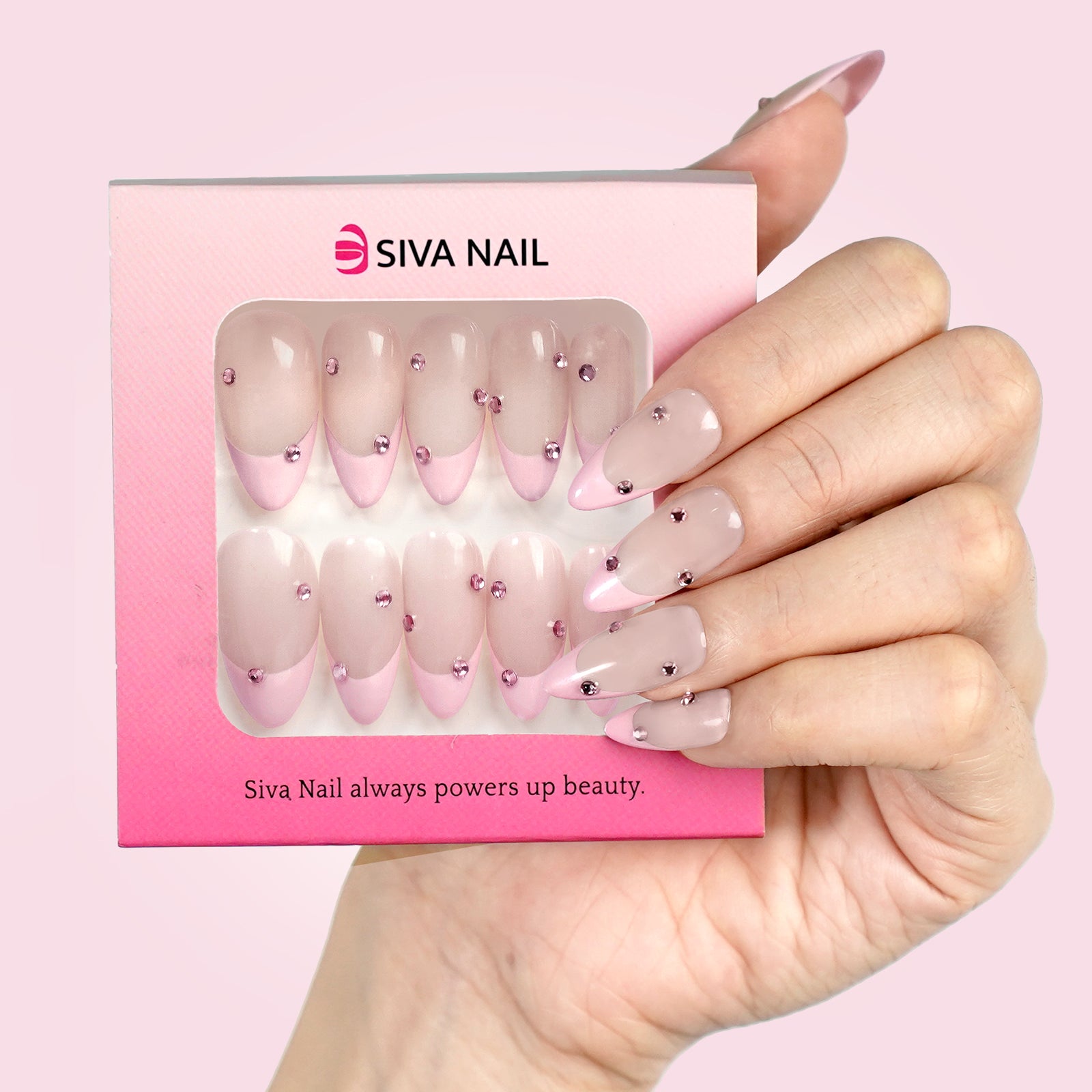 Siva Nail, Crystal Sands, Simple Pink Classic French, Handmade Press on Nails