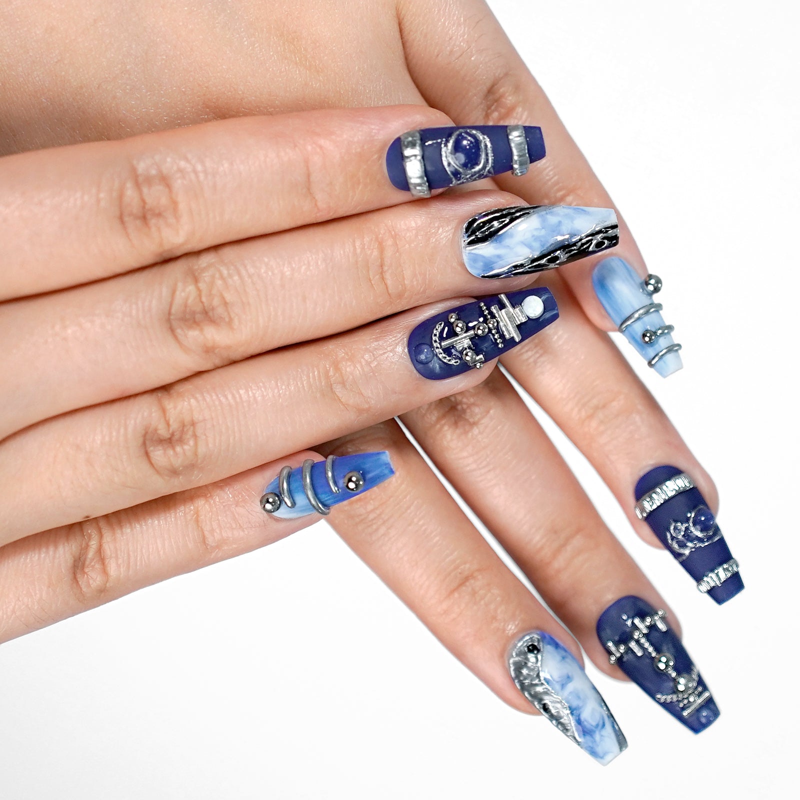 Siva Nail, Blue Tears, Metallic Art Handmade Press on Nails