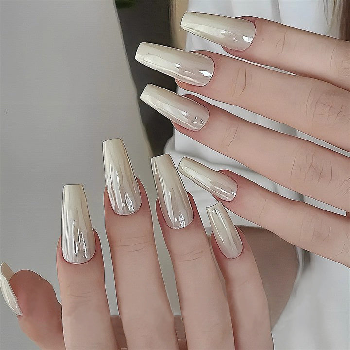 Siva Nail, Mirror Pearl, Champagne Chrome Handmade Press on Nails
