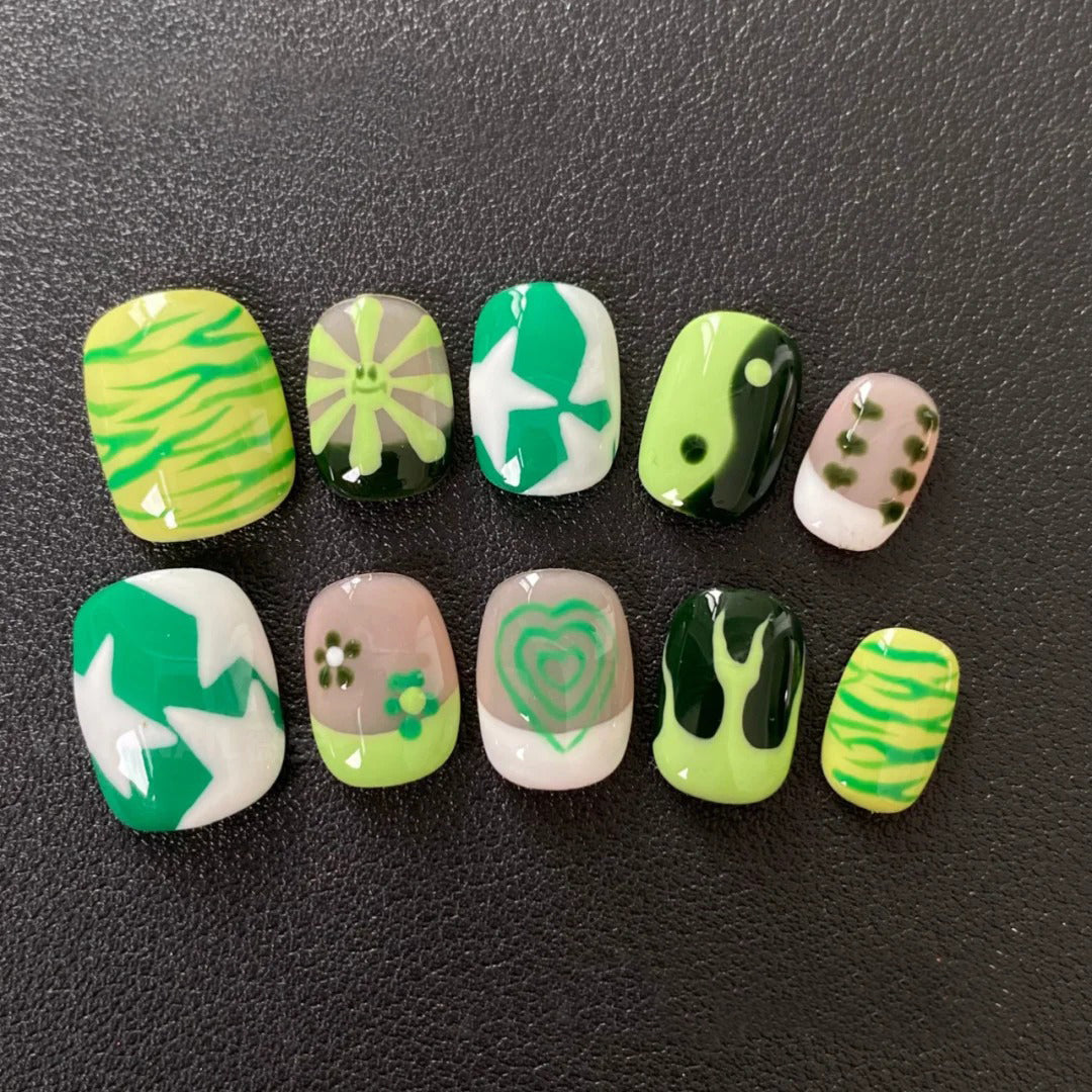 Siva Nail, Jungle Pop, Green Abstract Handmade Press on Nails