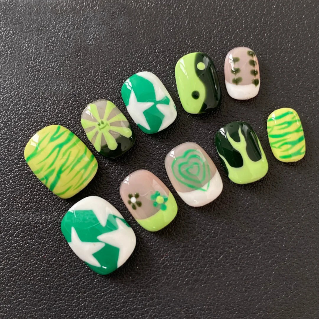 Siva Nail, Jungle Pop, Green Abstract Handmade Press on Nails