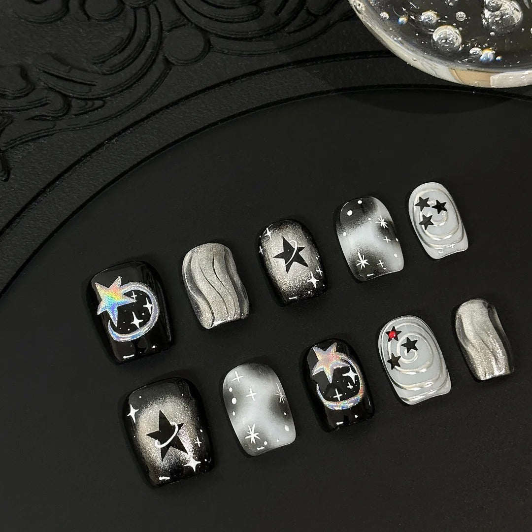 Siva Nail, Cosmic Bloom, Holographic Starry Night Handmade Press on Nails