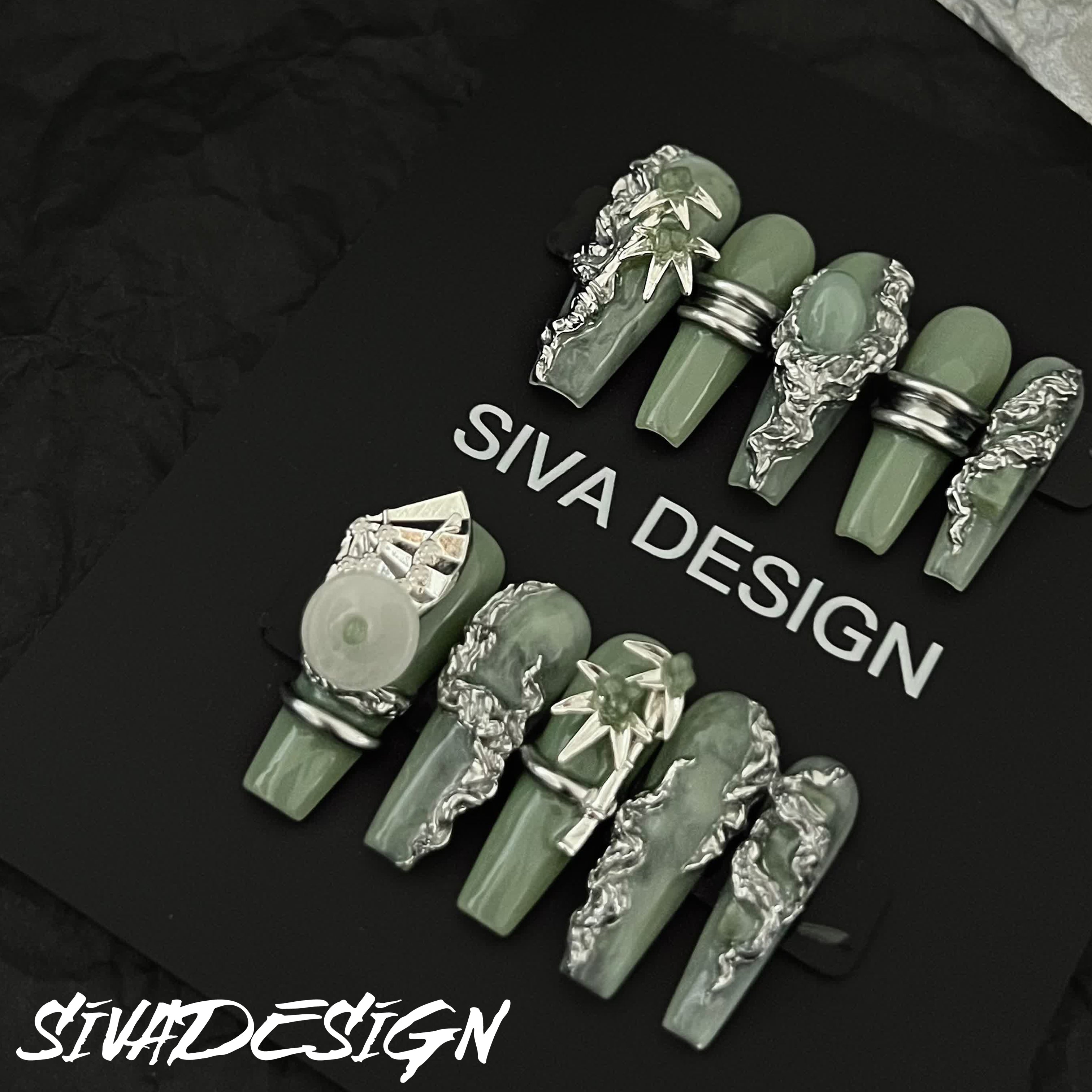 Siva Nail, Green Mystique, Metallic Accents, Handmade Press on Nails