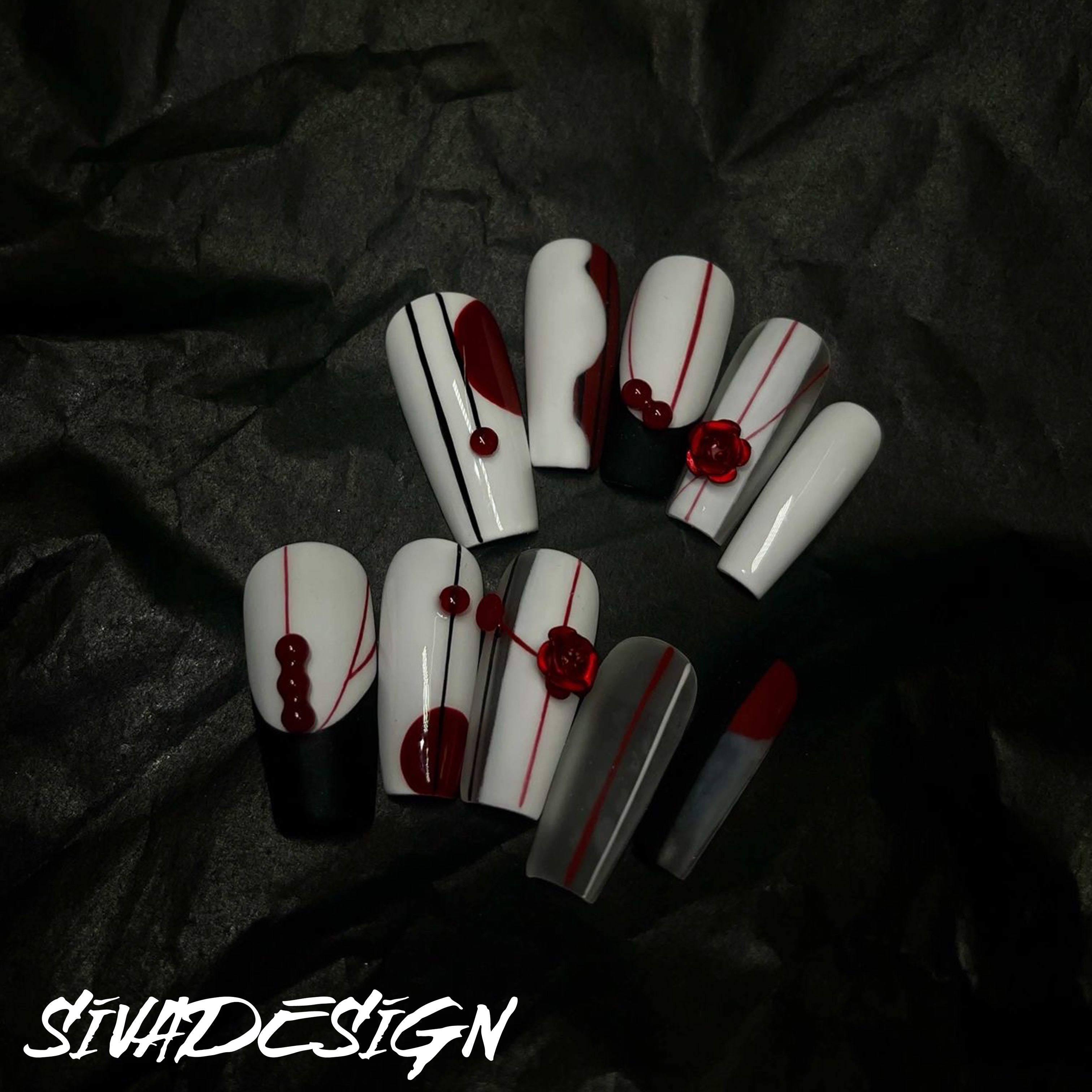 Siva Nail, Ruby Ripples, Crimson Allure, Handmade Press on Nails