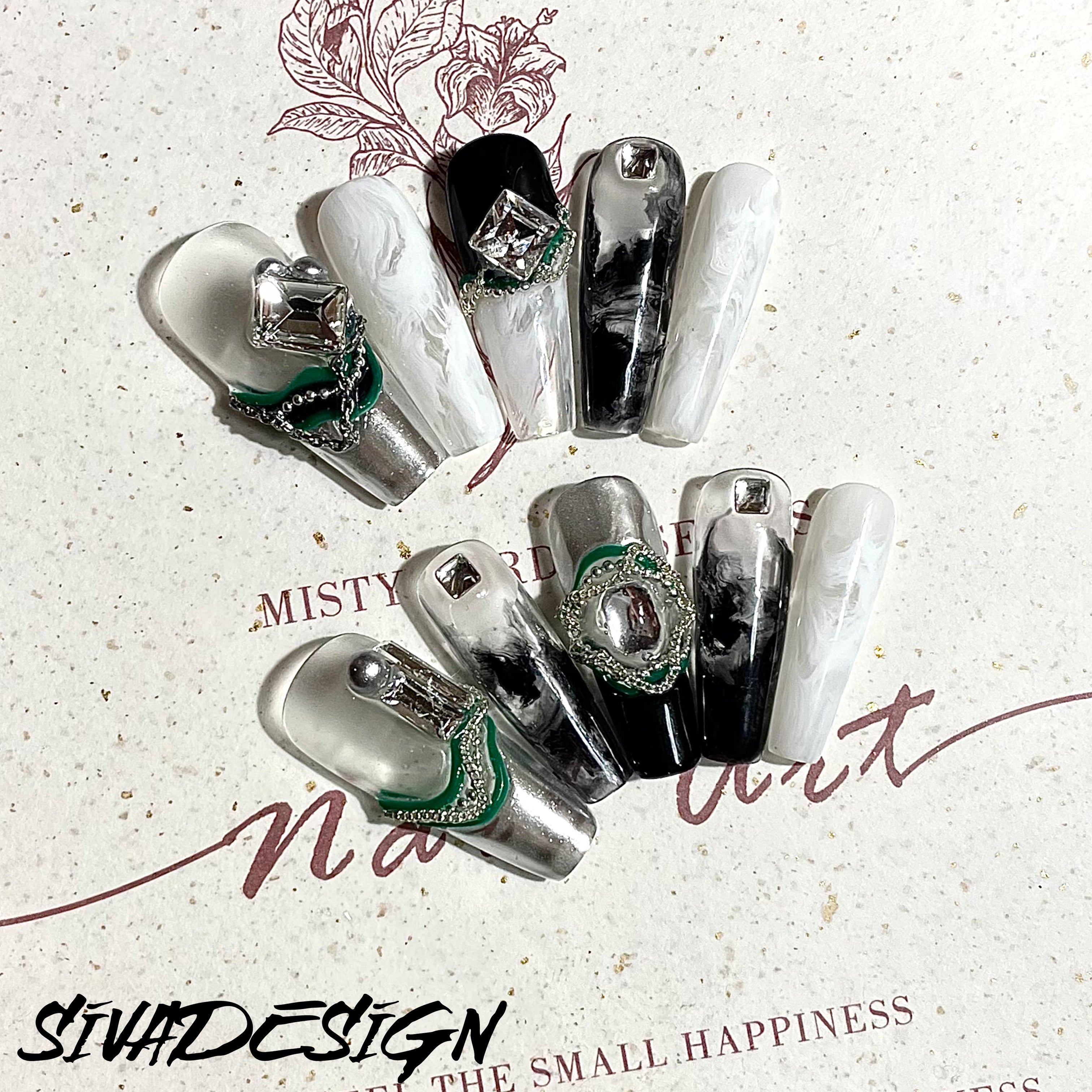 Siva Nail, Silver Scrolls, Opulent Elegance, Handmade Press on Nails