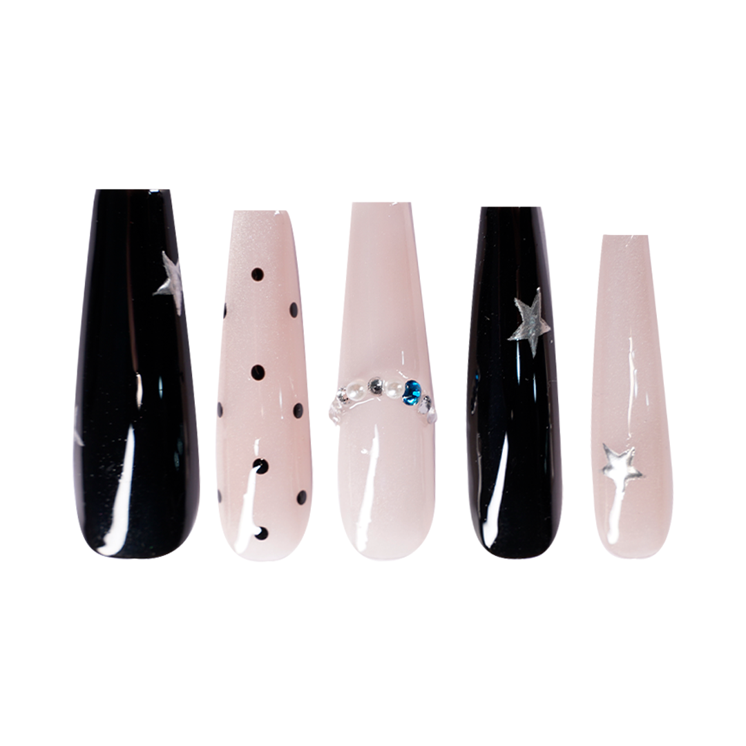 Siva Nail, Black - Pink Contrast Star & Chain Handmade Press - on Nails