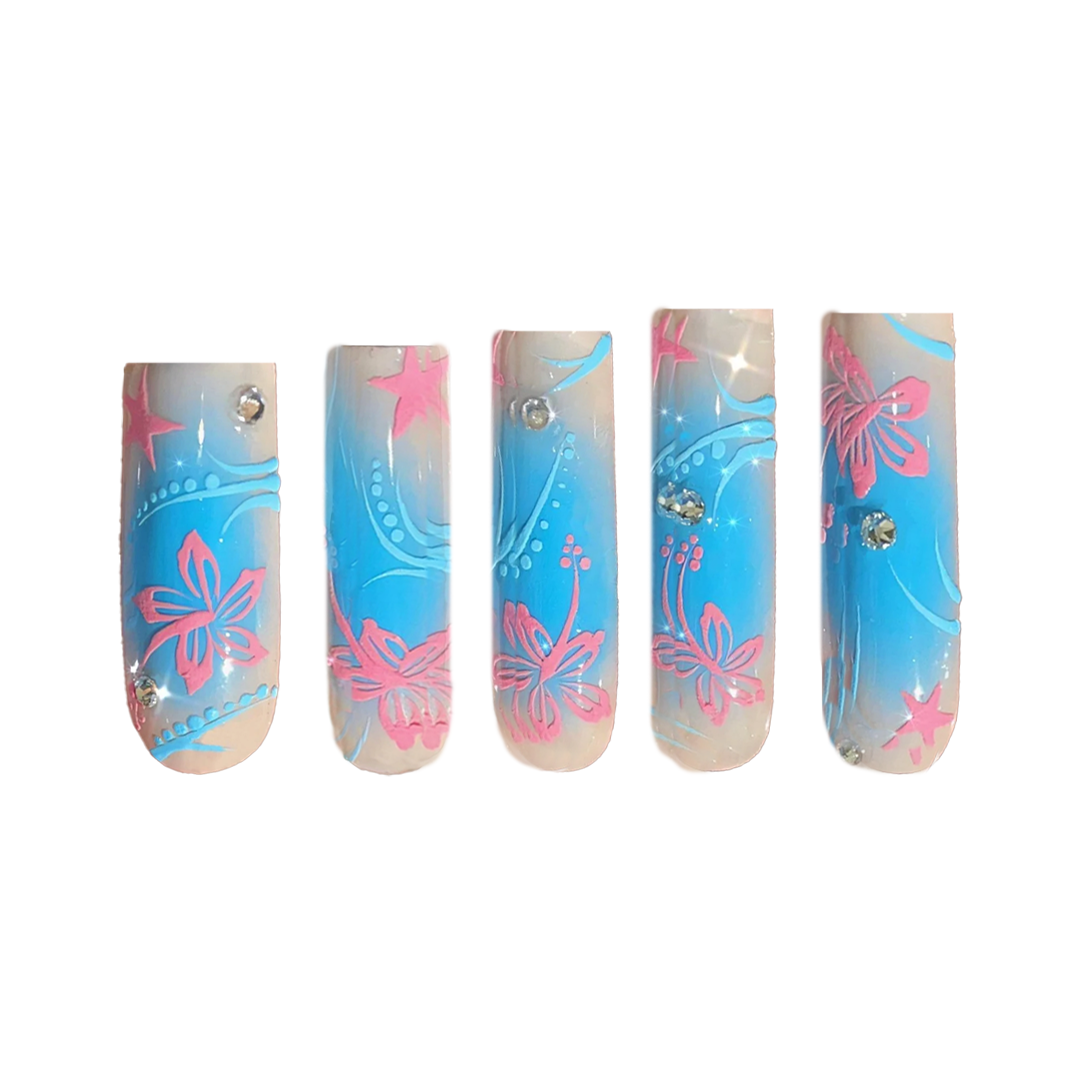 Siva Nail, Blue Butterfly Bliss, Ombre Style Long Press on Nails
