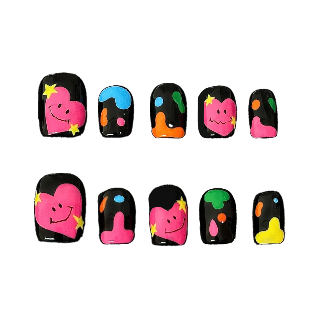 Siva Nail, Cosmic Hearts, Black Gloss Funky Drip Handmade Press on Nails