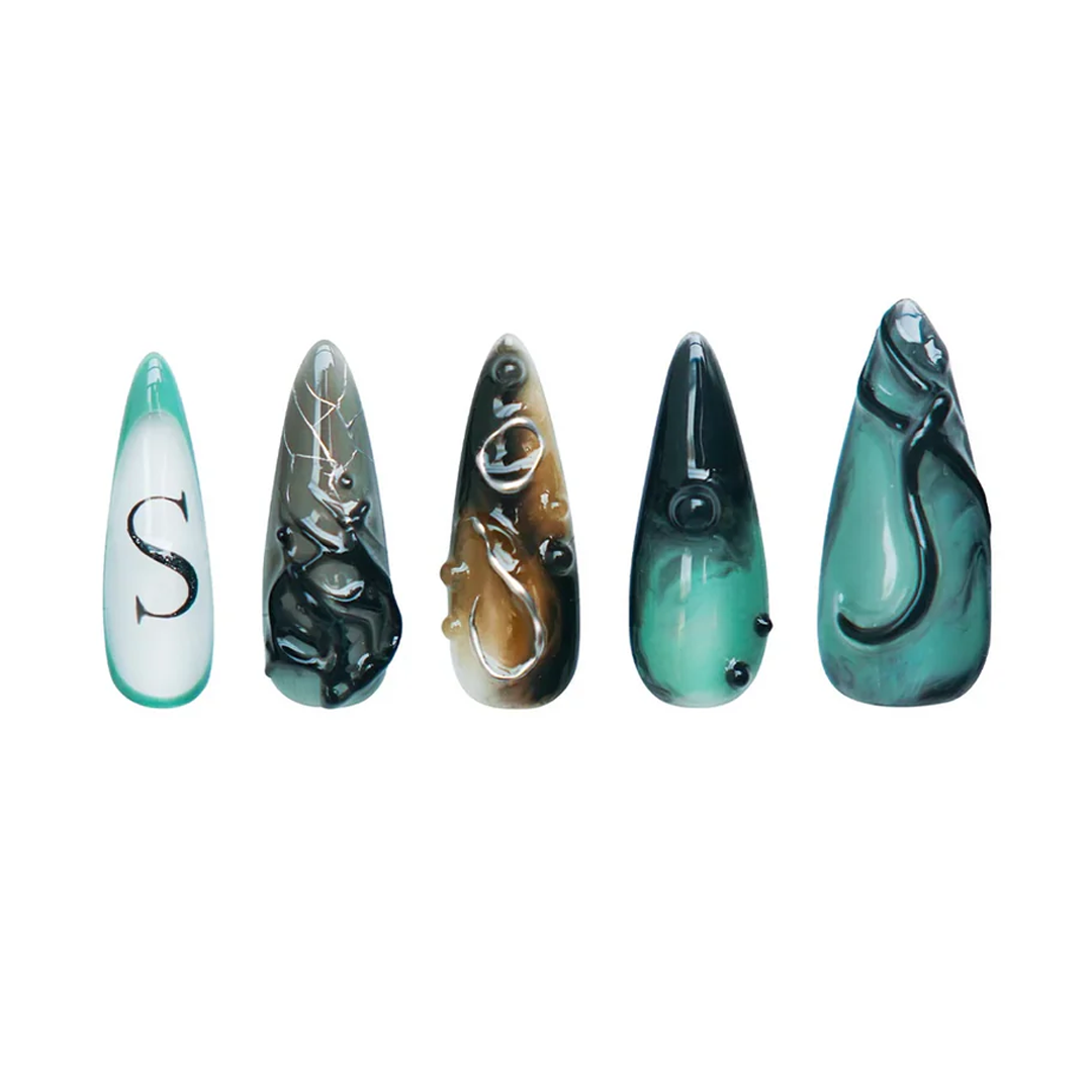 Siva Nail, Deep Current, Abstract Ocean-Inspired, Handmade Press on Nails
