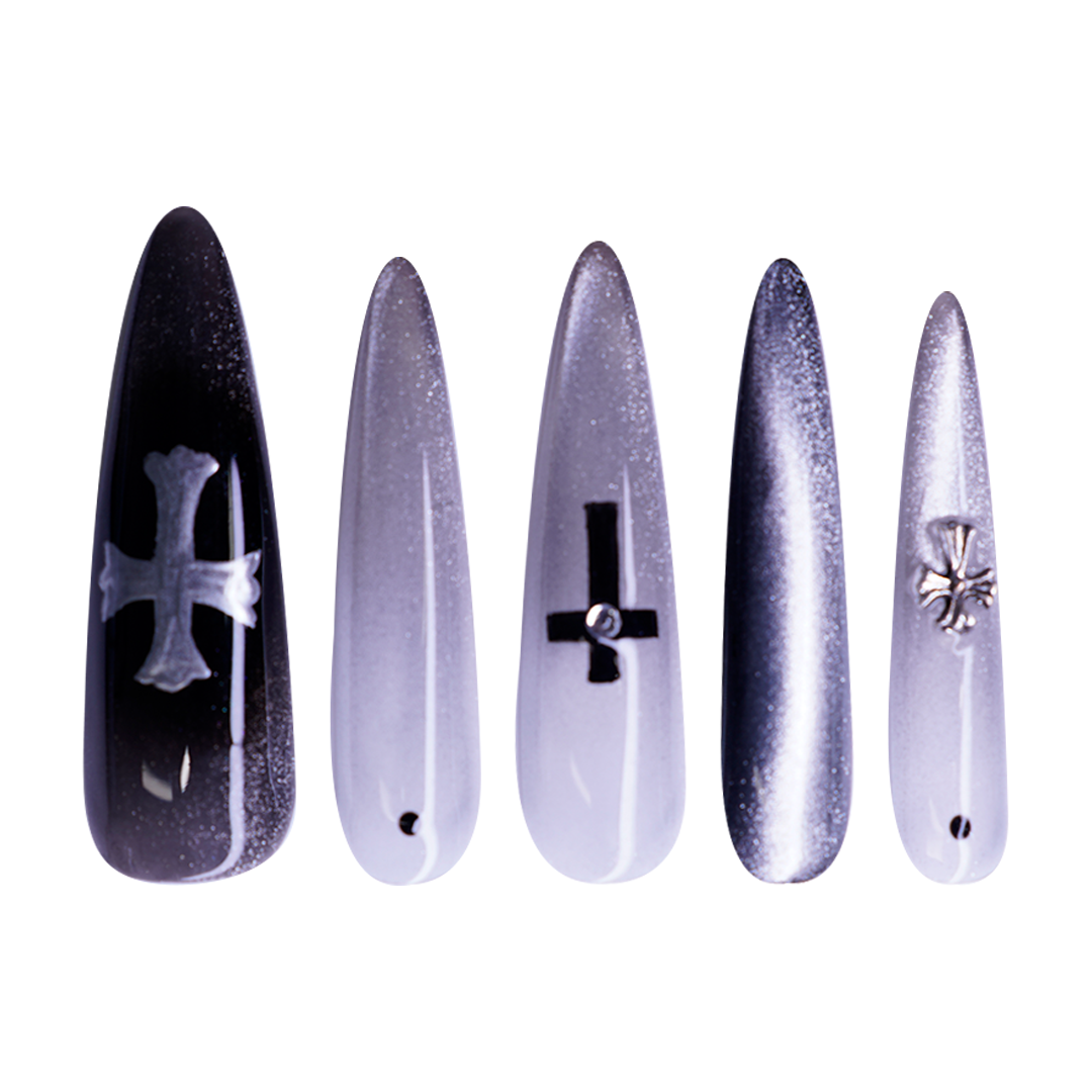 Siva Nail, Edgy Silver - Black Accent Handmade Press on Nails