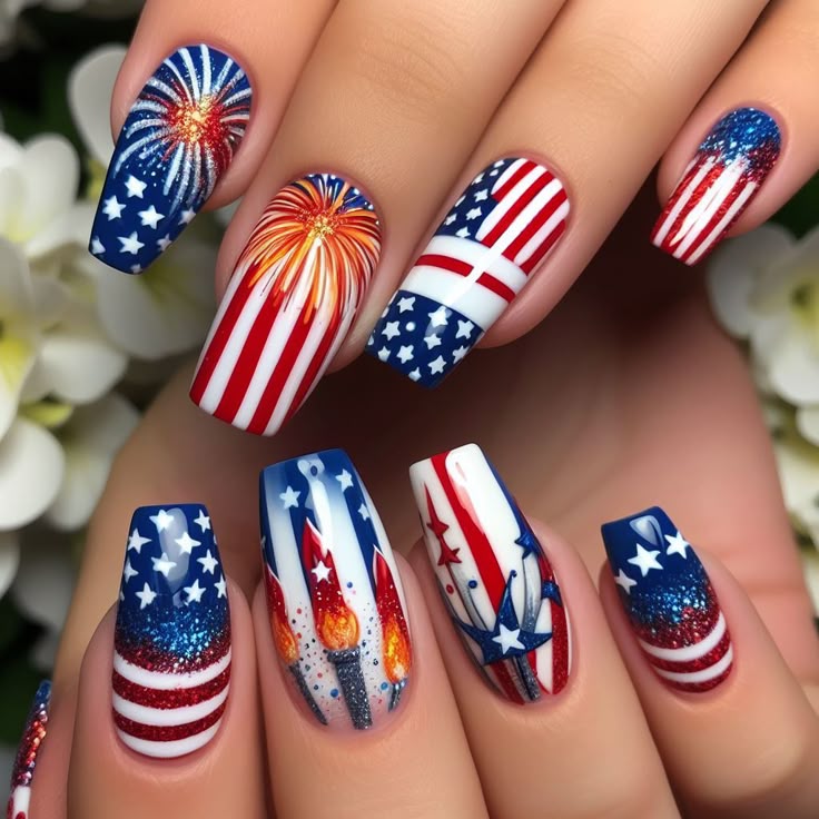 Siva Nail, Festive Firework, Stars Stripes Celebration Handmade Press on Nails