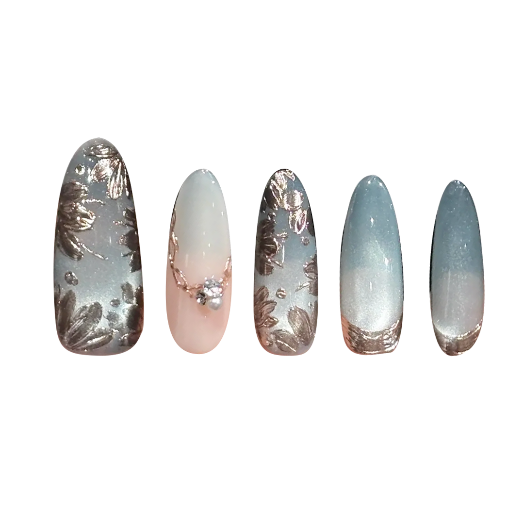 Siva Nail, Frost Bloom, Blue Ombre Floral Handmade Press on Nails