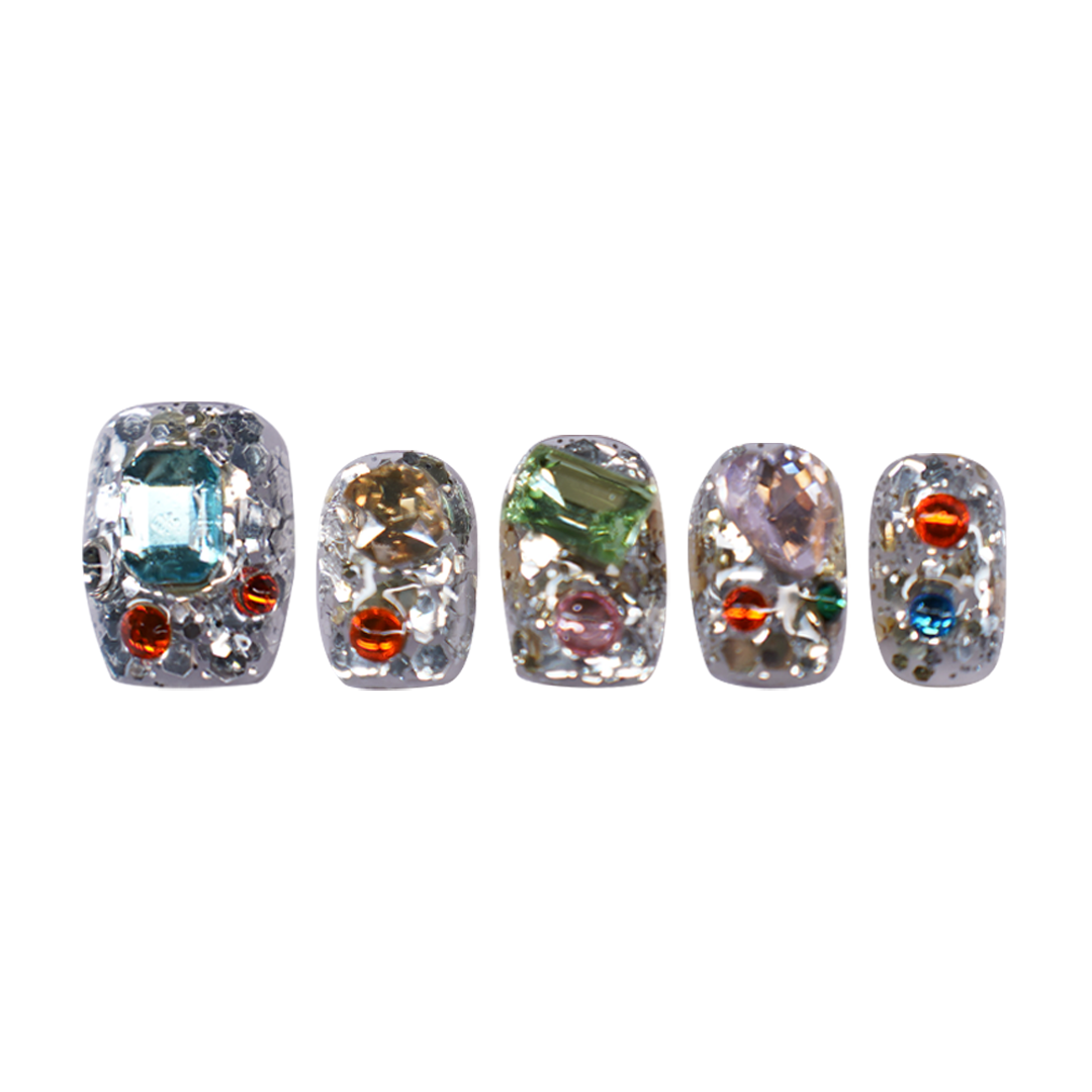 Siva Nail,Jewel-Tone Junk Nail Set – Oversized Rhinestone Charms Handmade Press on Nails