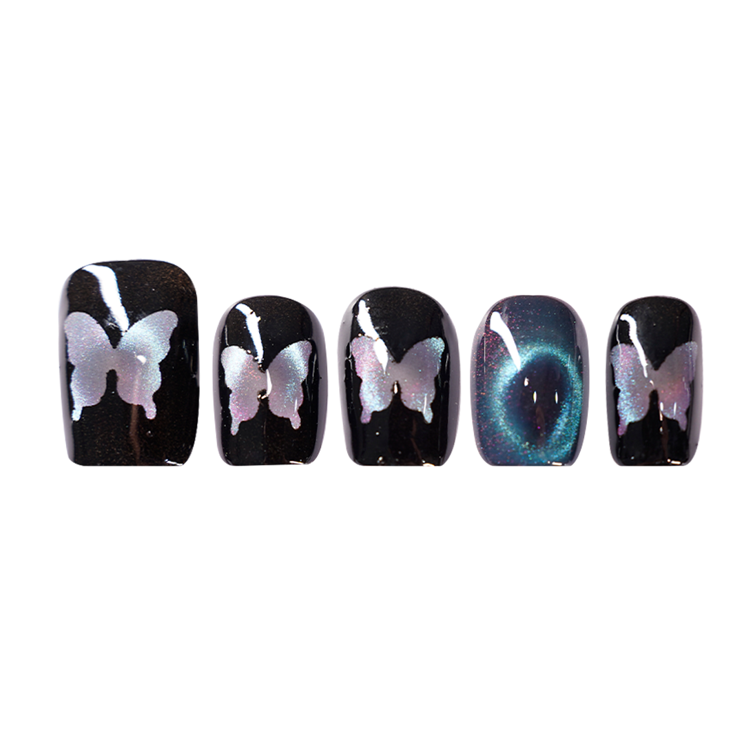 Siva Nail, Midnight Flutter – Iridescent Butterfly Handmade Press on Nails