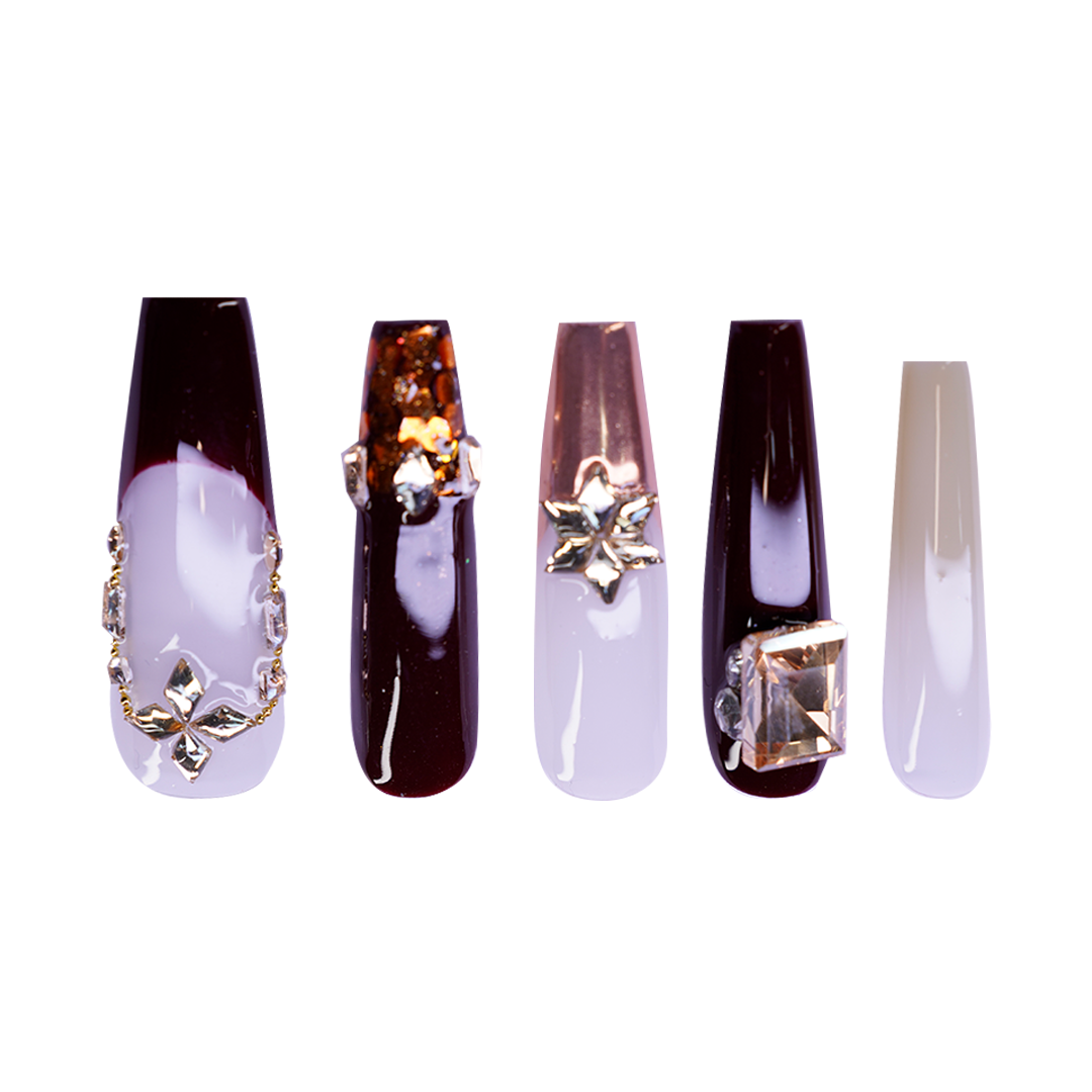 Siva Nail, Plum & Beige with Gold Accents Handmade Press - on Nails