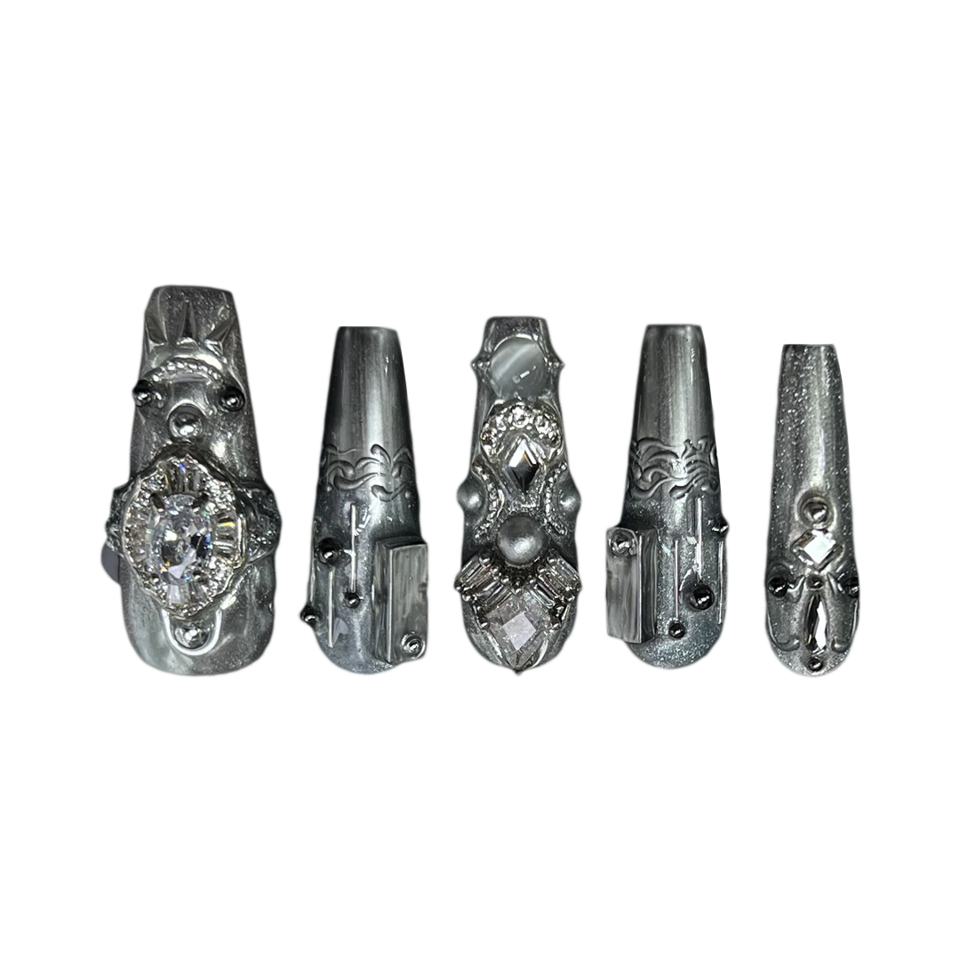 Siva Nail, Silver Reverie, Baroque Style Handmade Press on Nails
