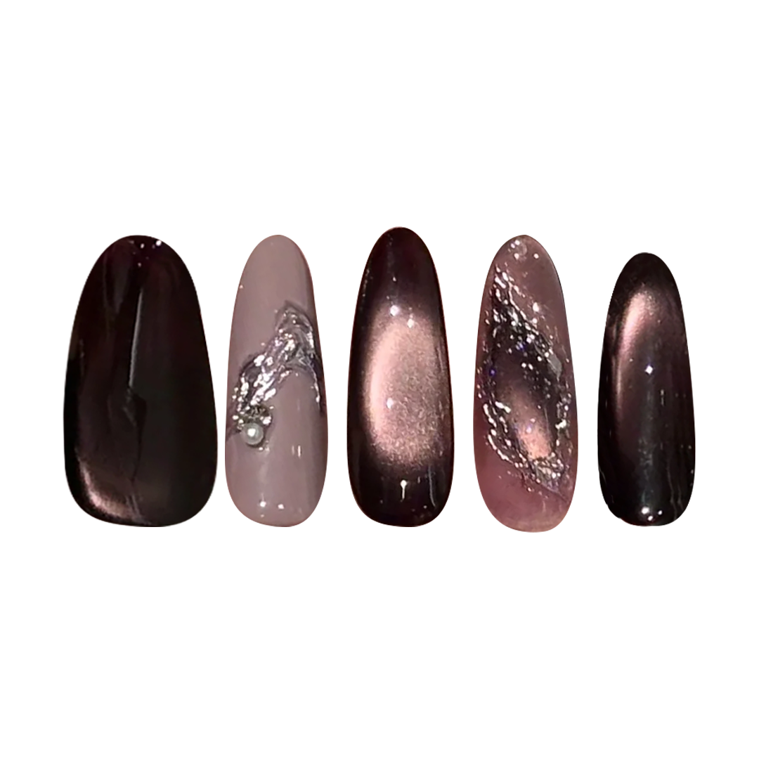 Siva Nail, Velvet Eclipse, Burgundy Chrome Handmade Press on Nails
