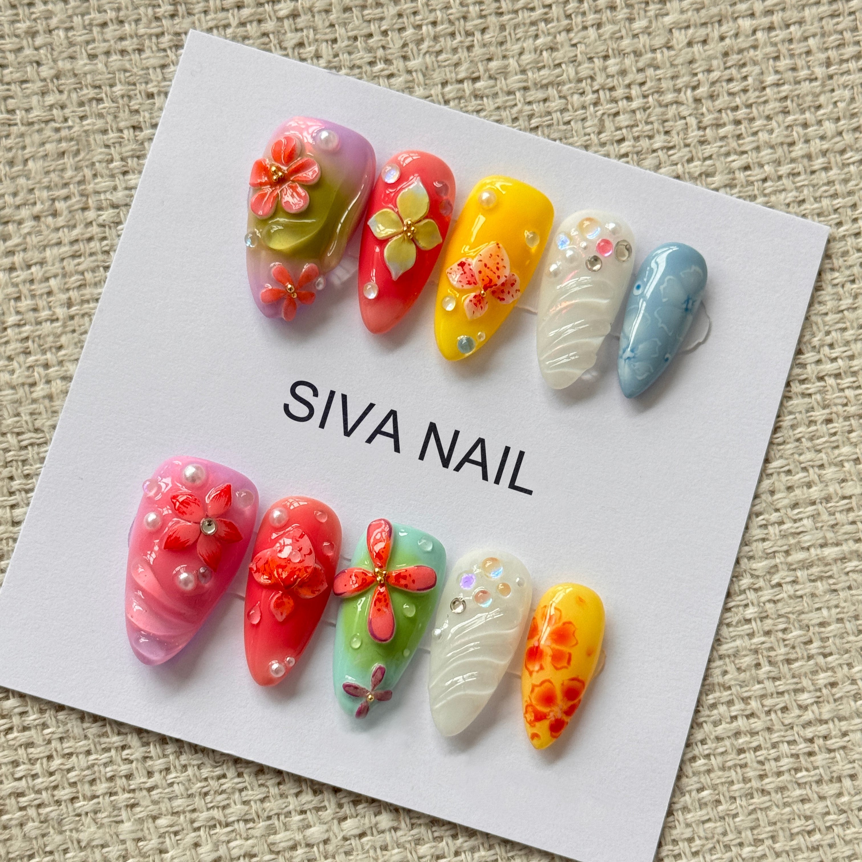 Siva Nail, Petals Enchant, Colorful Bloom, Handmade Press on Nails