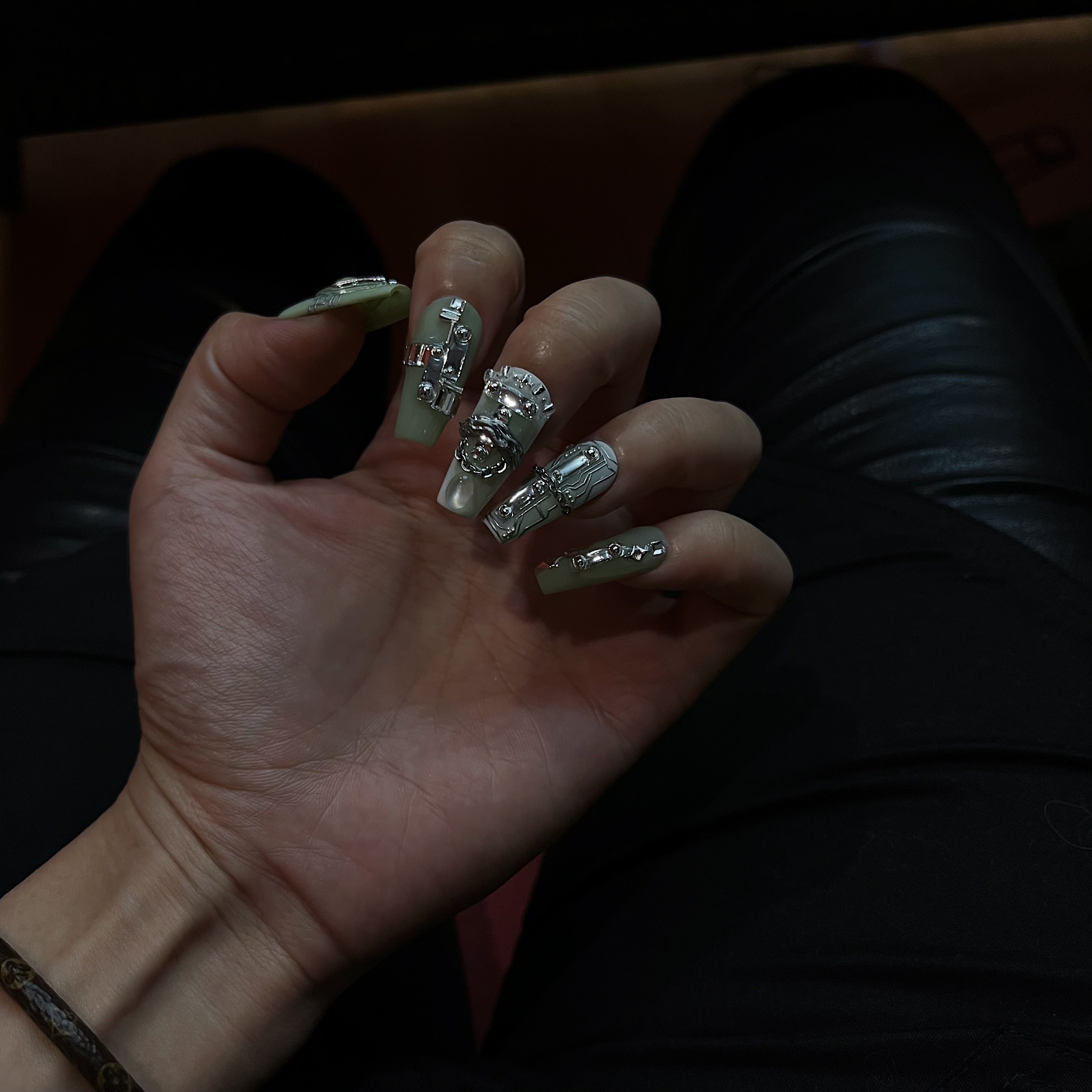 Siva Nail, Sage Nails (Green), Futuristic Glam, Handmade Press on Nails