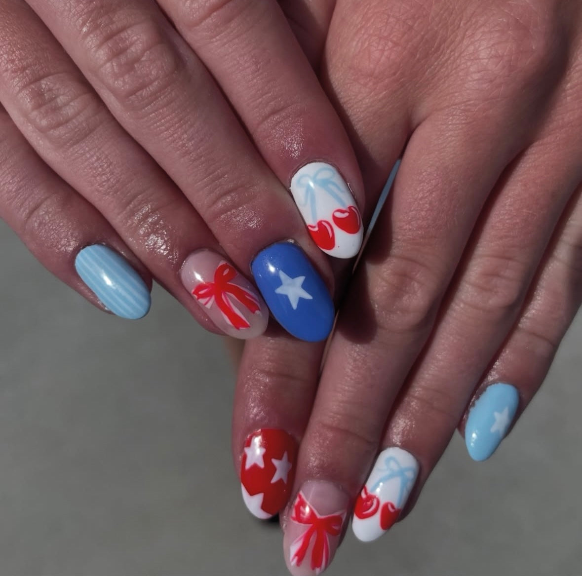 Siva Nail, Patriotic Charm, Stars Bows Cherries Handmade Press on Nails