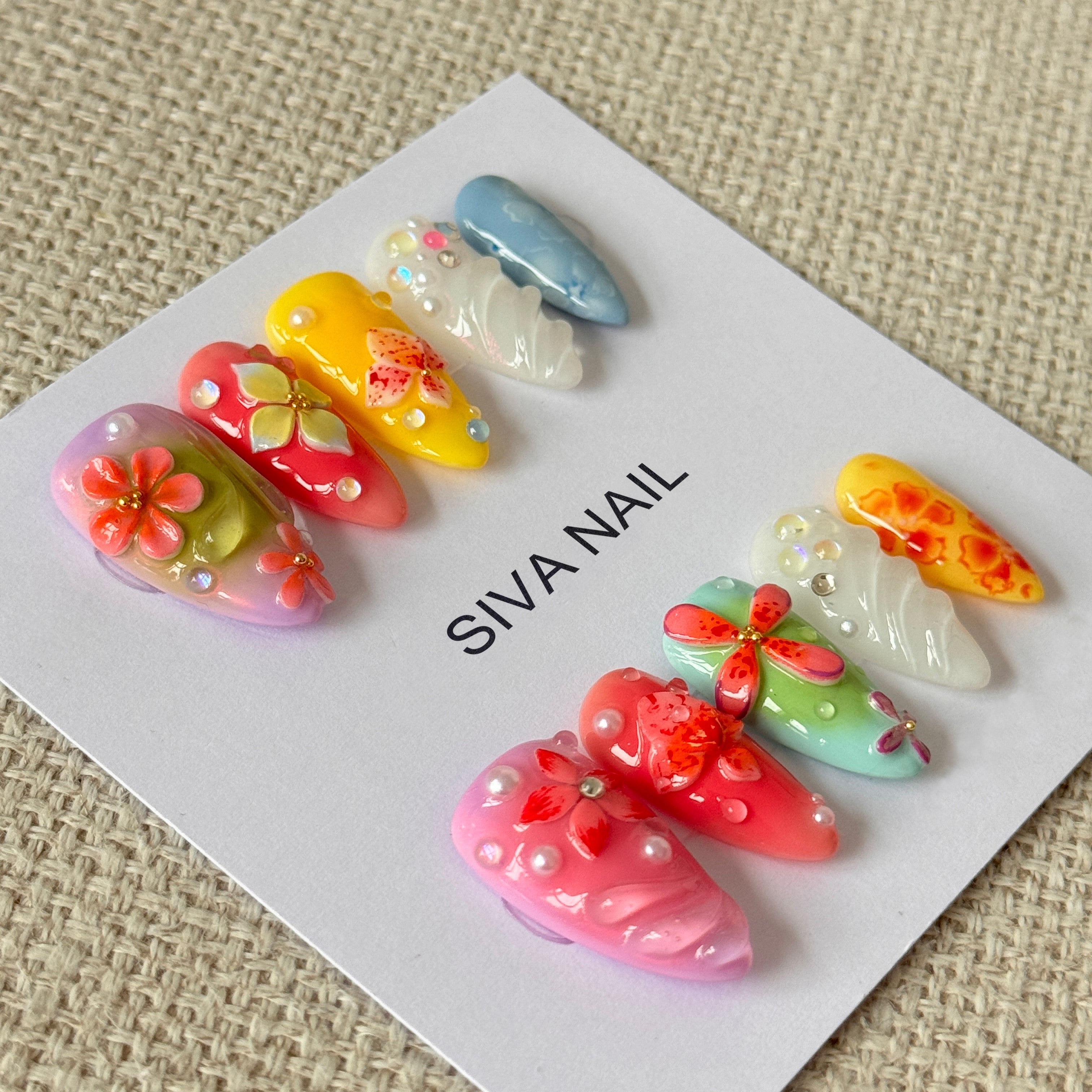 Siva Nail, Petals Enchant, Colorful Bloom, Handmade Press on Nails