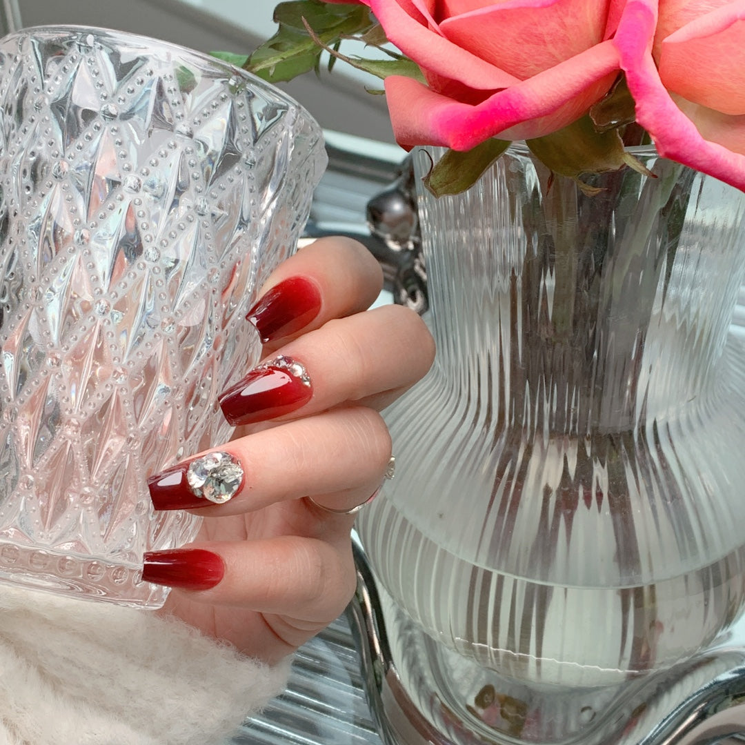 Siva Nail, Cherry Sparkle, Glamorous Gradient, Handmade Press on Nails