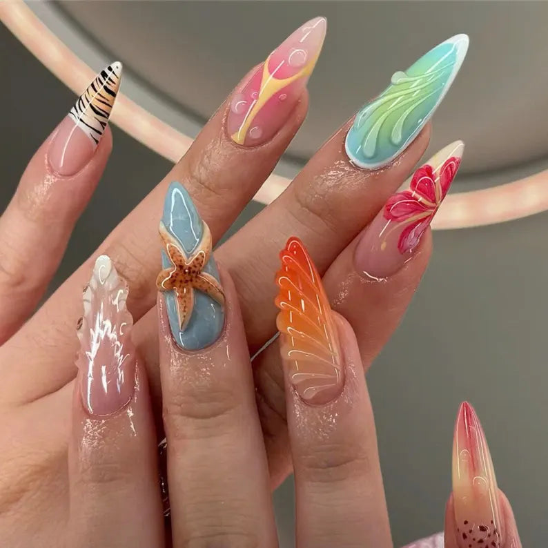 Siva Nail,Ocean Flow,3D Beach-Inspired Art & Gradient Handmade Press On Nails