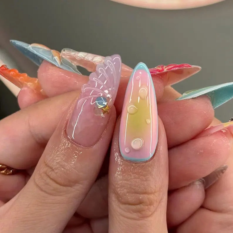 Siva Nail Ocean Flow,3D Beach-Inspired Art & Gradient Handmade Press On Nails