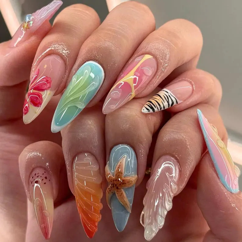 Siva Nail,Ocean Flow,3D Beach-Inspired Art & Gradient Handmade Press On Nails