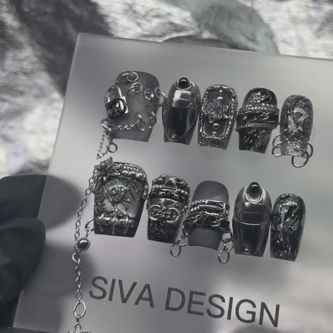Siva Nail, Dark Knight, Armor Inspired Style Handmade Press on Nails