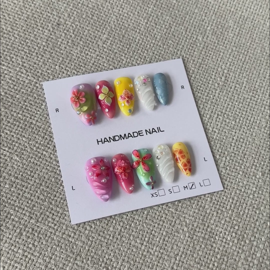 Siva Nail, Petals Enchant, Colorful Bloom, Handmade Press on Nails