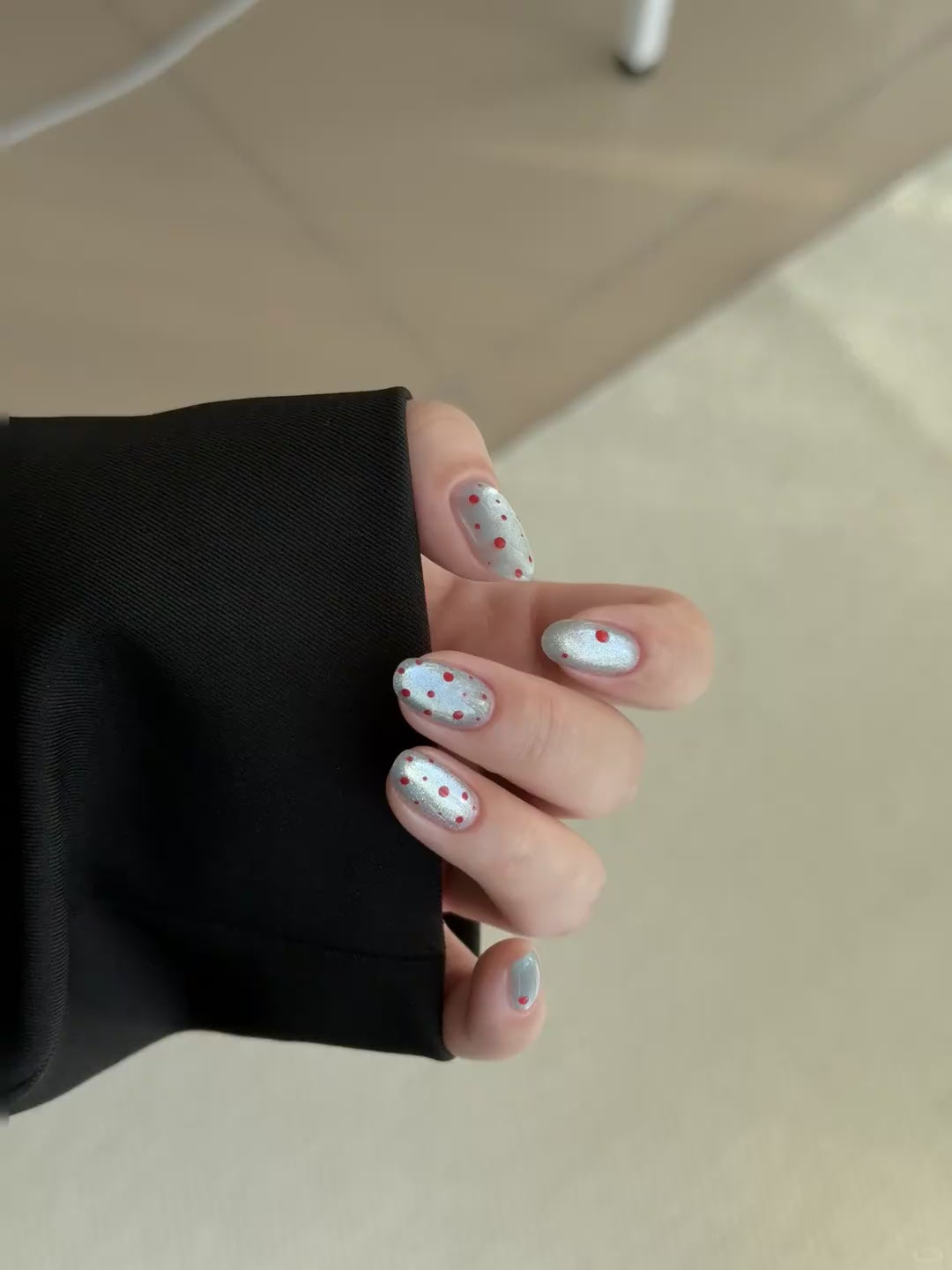 Siva Nail, Silver Shimmer, Red Dotted Handmade Press on Nails