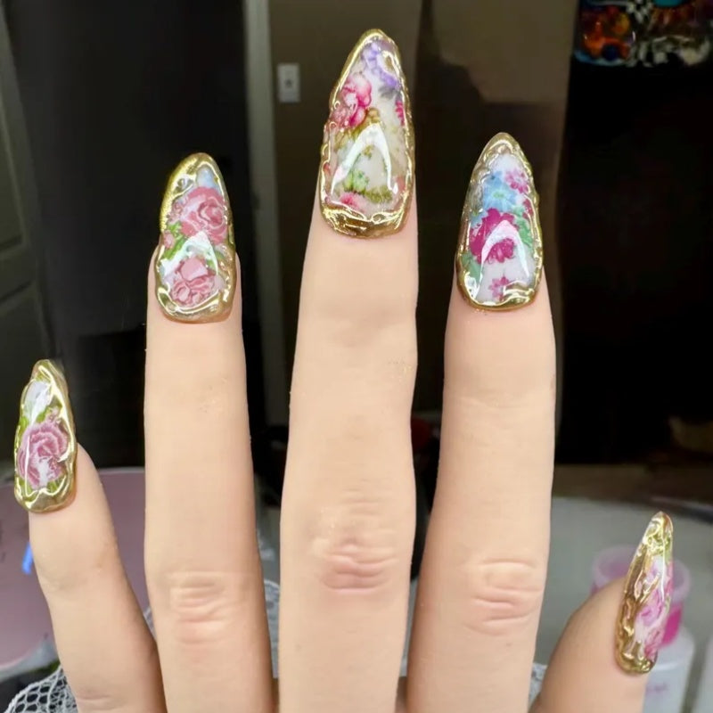 Siva Nail,Baroque Rose Gold-Frame – Handmade Floral Almond Handmade Press on Nails