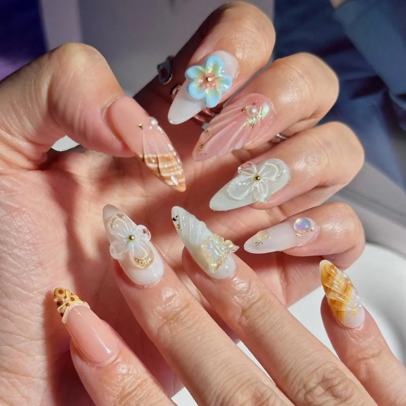 Siva Nail, Butterfly Shores – 3D Butterfly & Seashell Floral Handmade Press on Nails