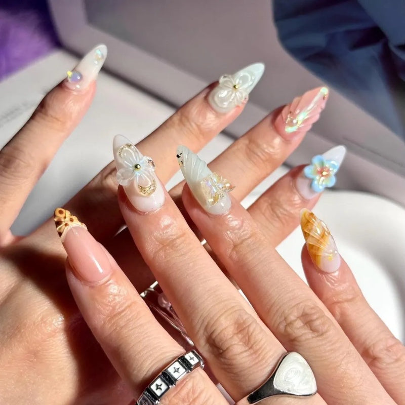 Siva Nail, Butterfly Shores – 3D Butterfly & Seashell Floral Handmade Press on Nails