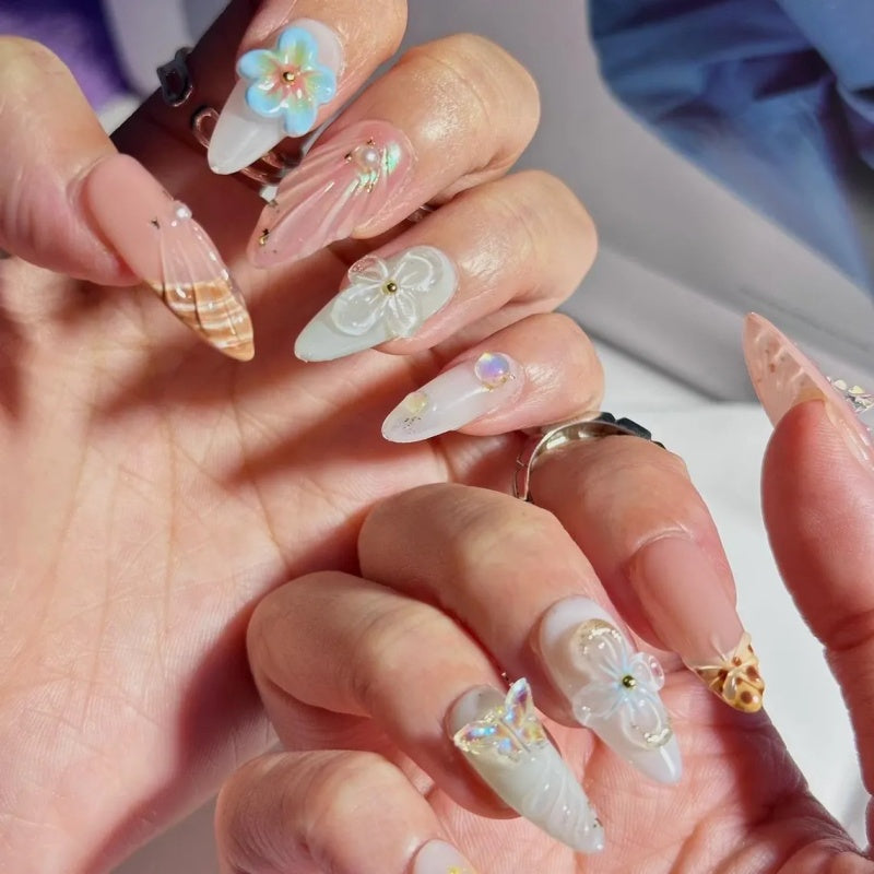 Siva Nail, Butterfly Shores – 3D Butterfly & Seashell Floral Handmade Press on Nails