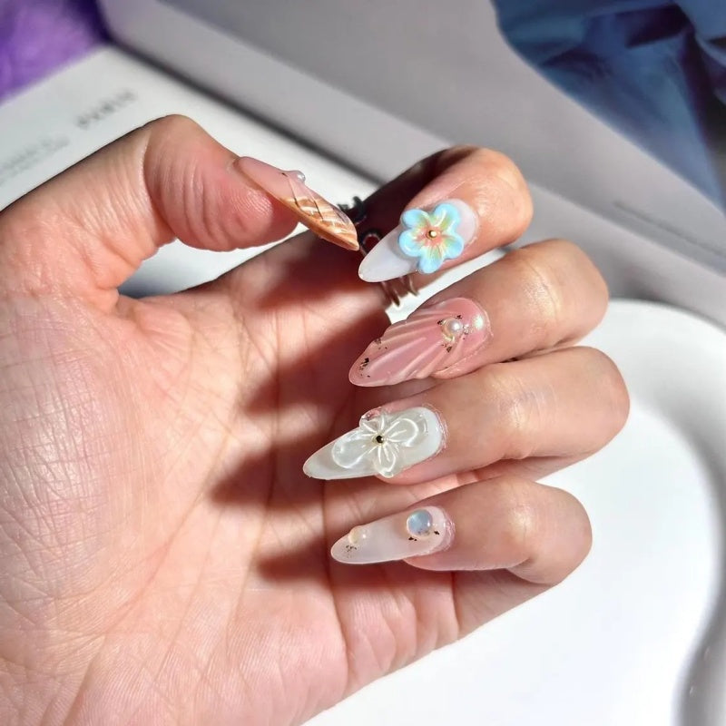 Siva Nail, Butterfly Shores – 3D Butterfly & Seashell Floral Handmade Press on Nails